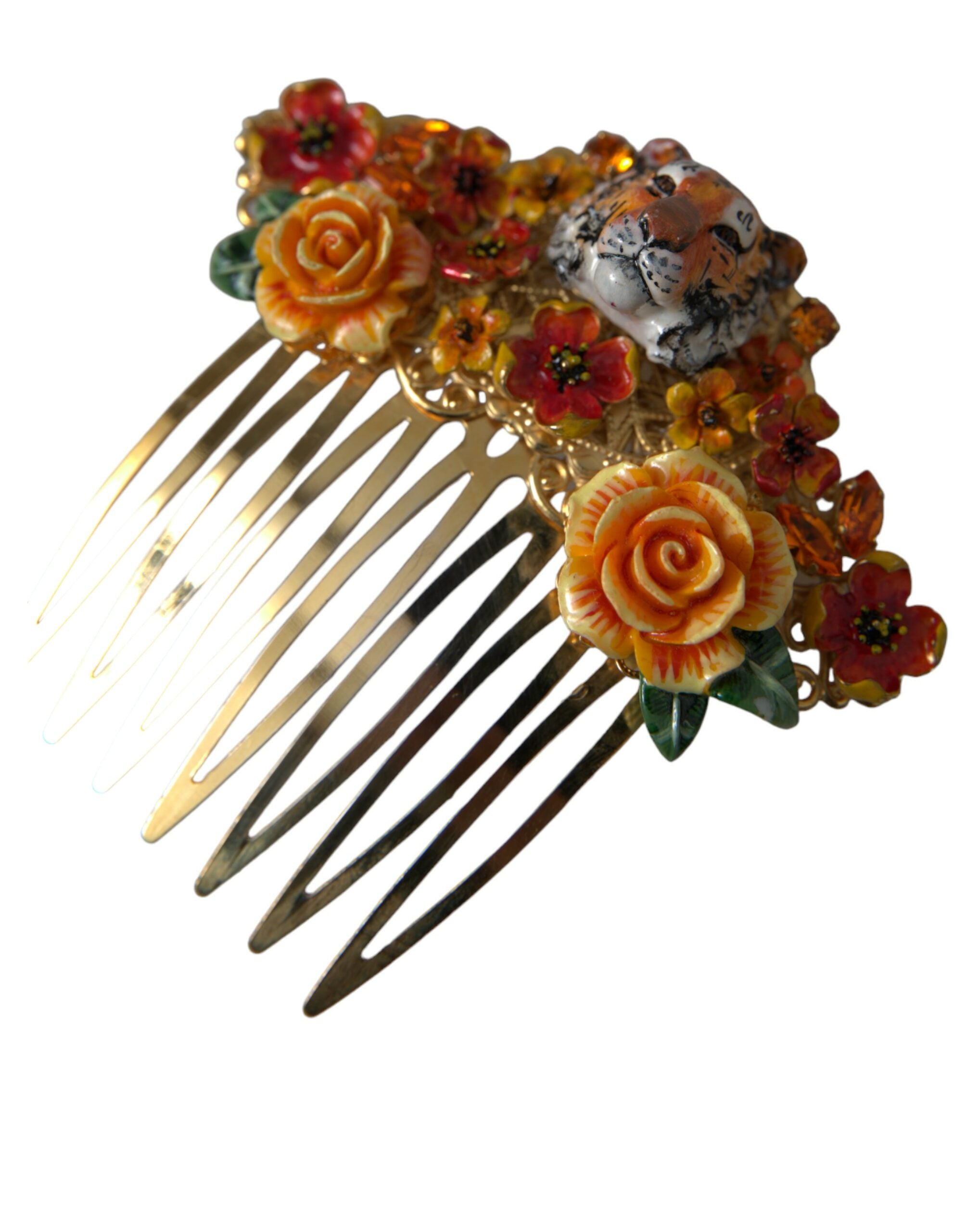 Pieptene de păr Dolce & Gabbana cu model floral și cristal leopard din alamă aurie