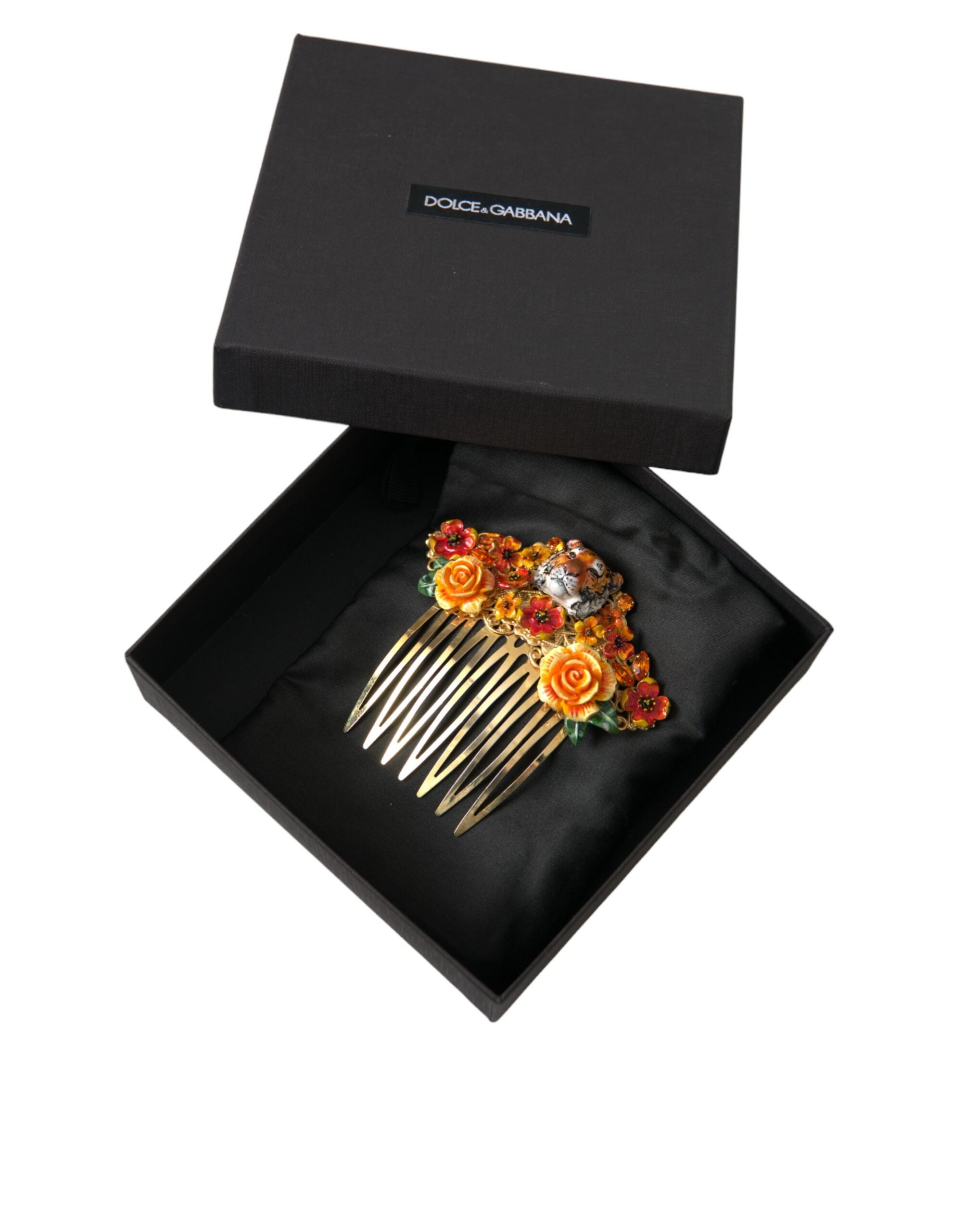 Pieptene de păr Dolce & Gabbana cu model floral și cristal leopard din alamă aurie