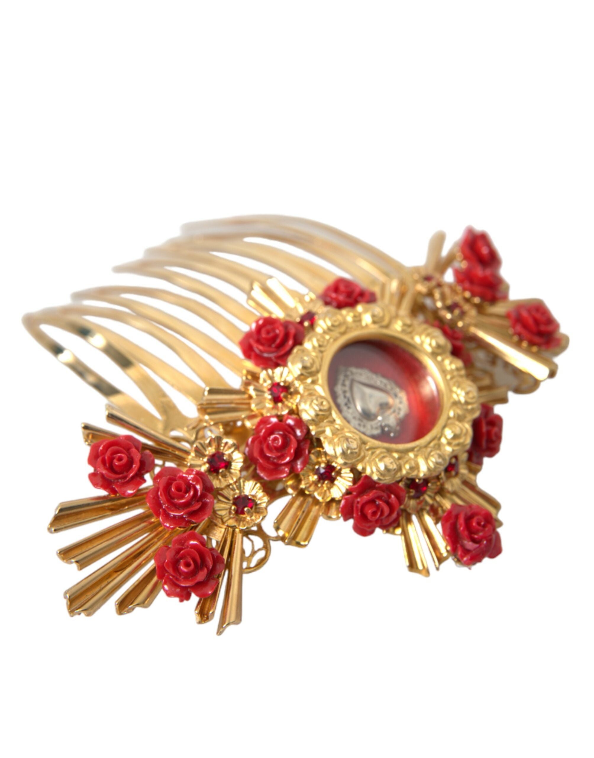 Pieptene de păr Dolce & Gabbana cu model floral și inimă de cristal din alamă aurie