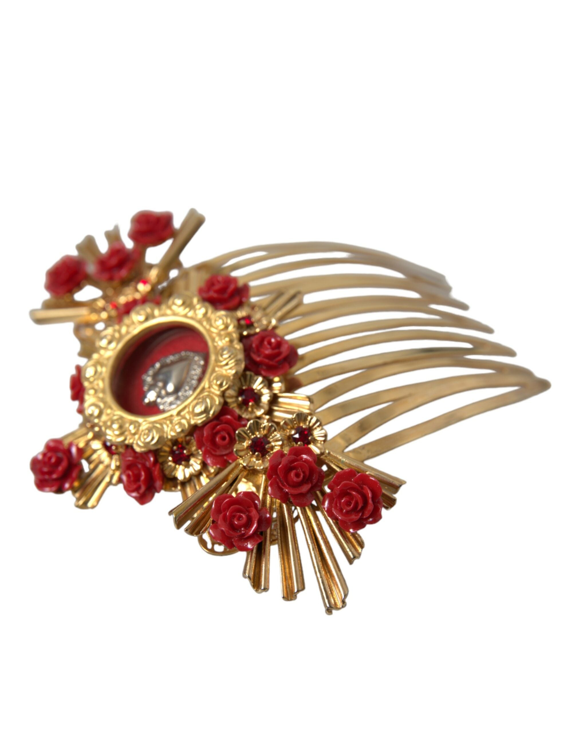 Pieptene de păr Dolce & Gabbana cu model floral și inimă de cristal din alamă aurie