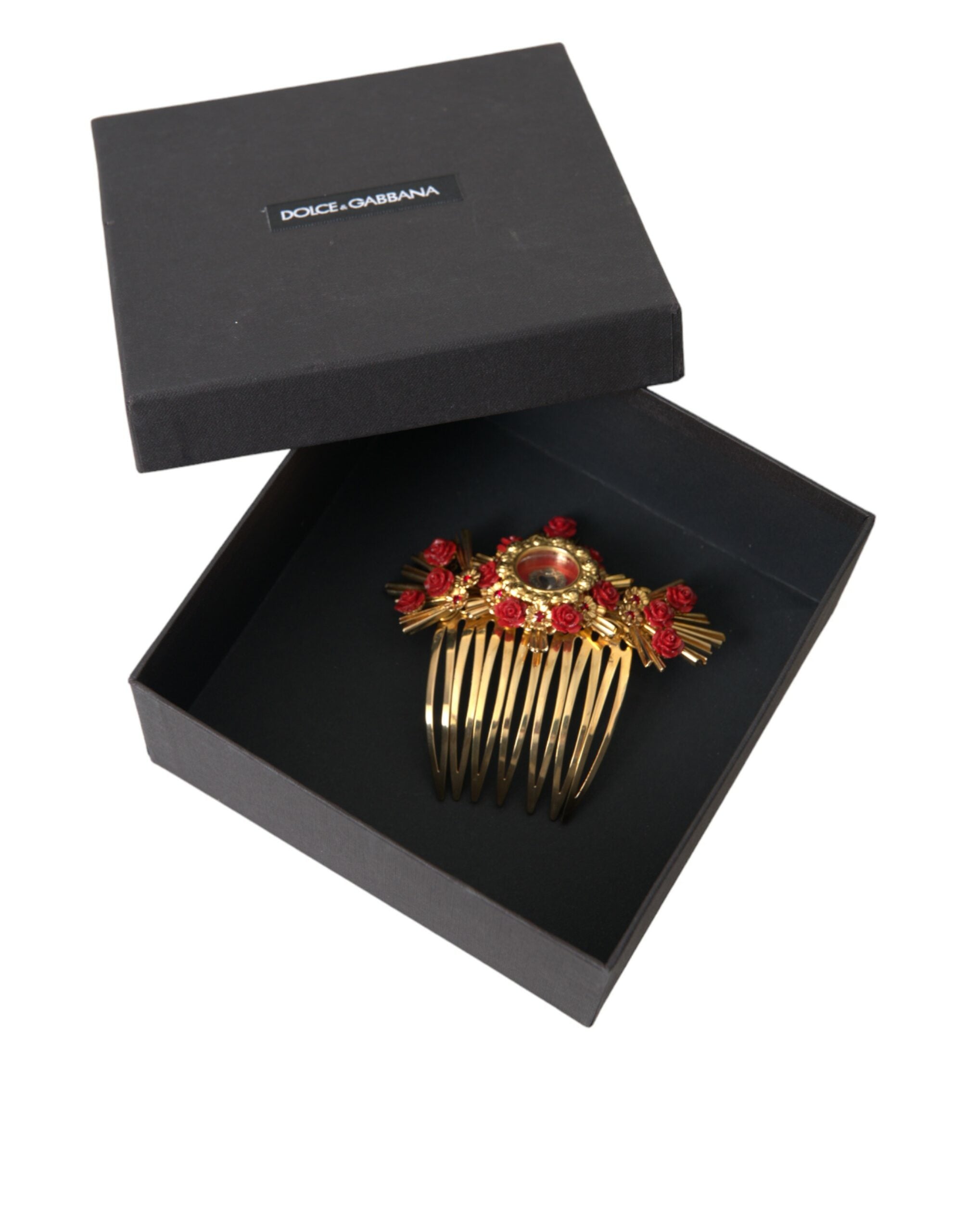 Pieptene de păr Dolce & Gabbana cu model floral și inimă de cristal din alamă aurie