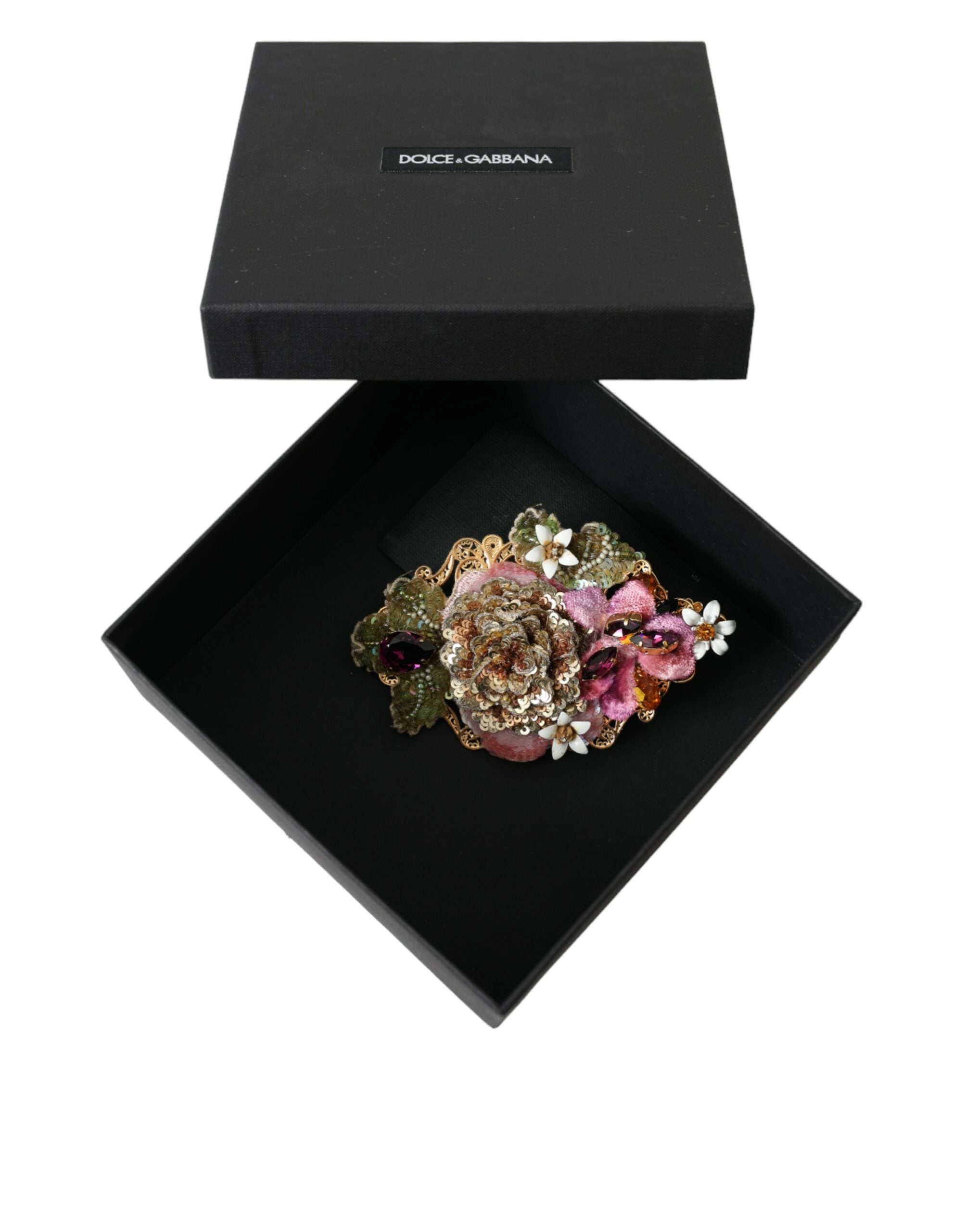 Agrafă de păr Dolce & Gabbana cu paiete și cristale florale din alamă aurie