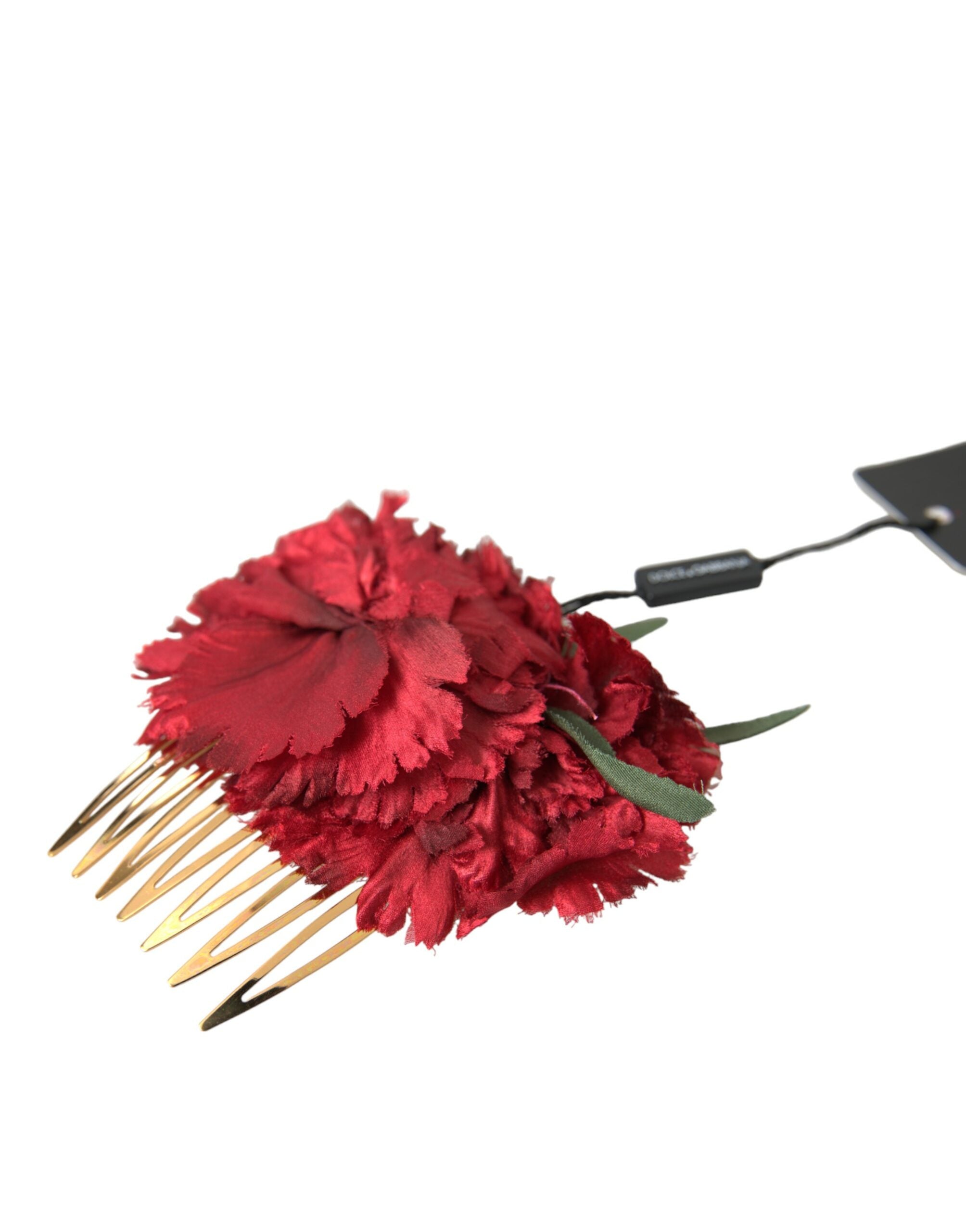 Pieptene de păr Dolce & Gabbana cu imprimeu floral roșu din mătase, alamă aurie pentru femei