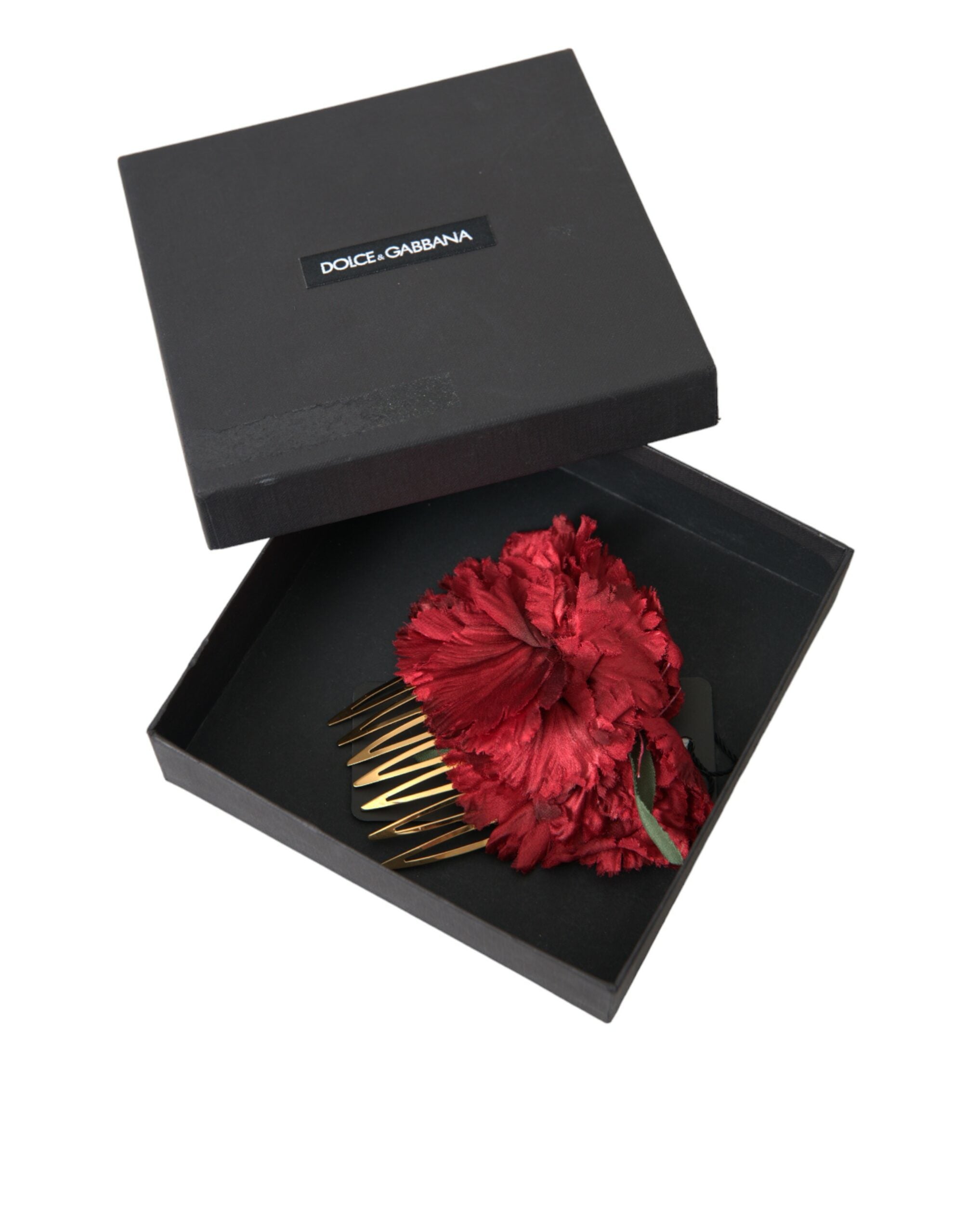 Pieptene de păr Dolce & Gabbana cu imprimeu floral roșu din mătase, alamă aurie pentru femei