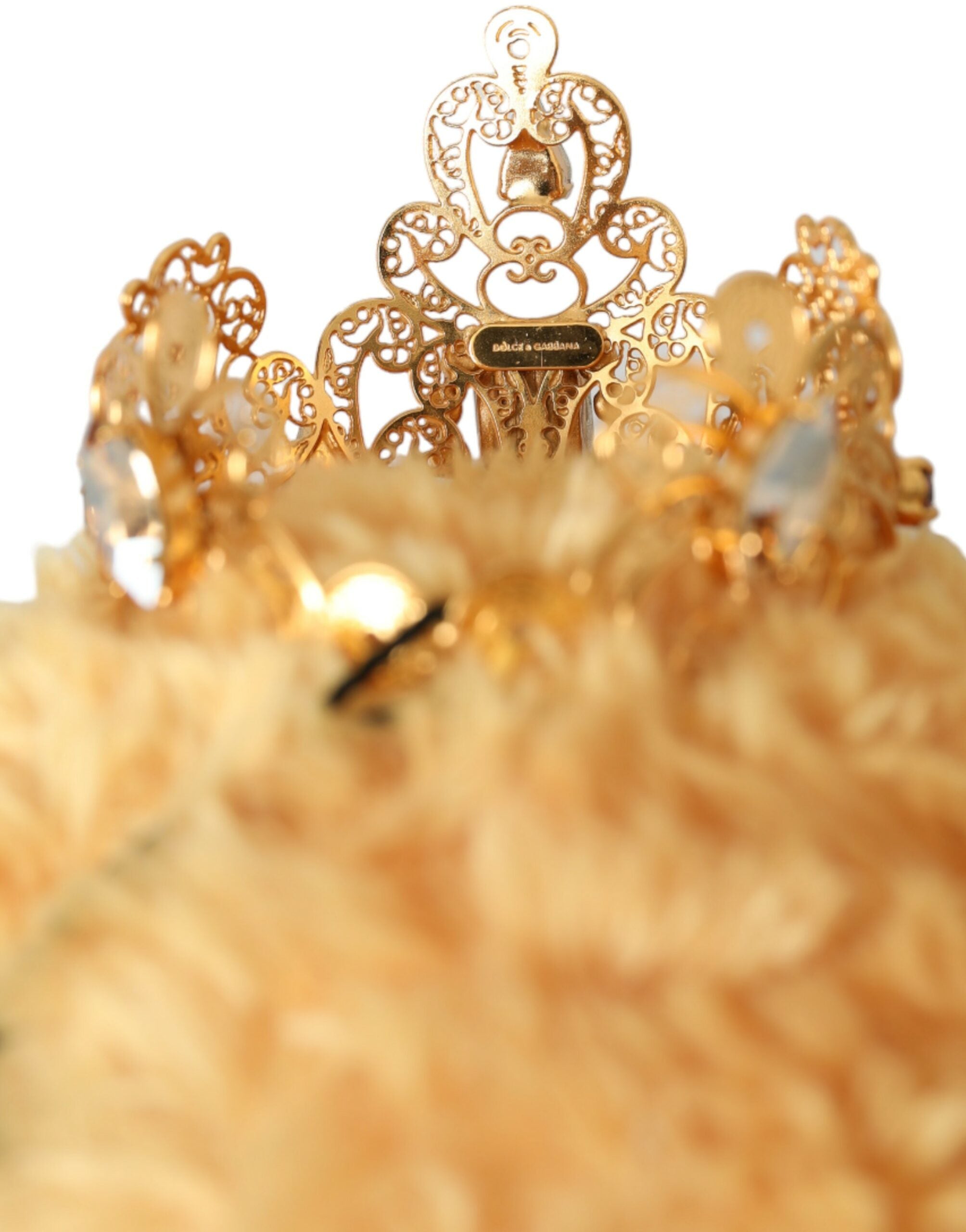 Bentiță de păr Dolce & Gabbana cu ursuleț de pluș maro și cristale aurii, cu coroană și diademă