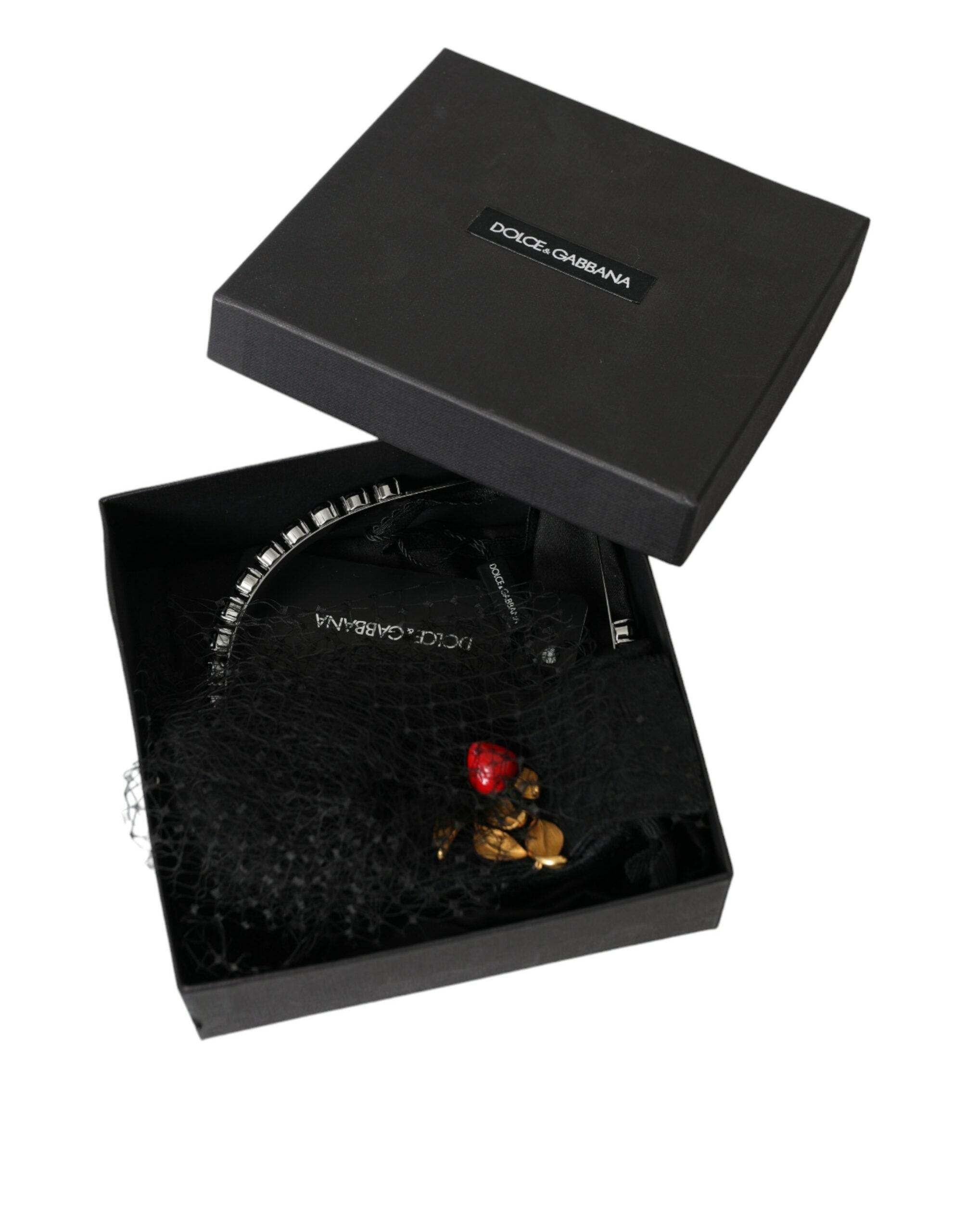 Bandă de păr Dolce & Gabbana cu diademă din plasă de cristal Sicily neagră, căpșuni, cu model căpșună