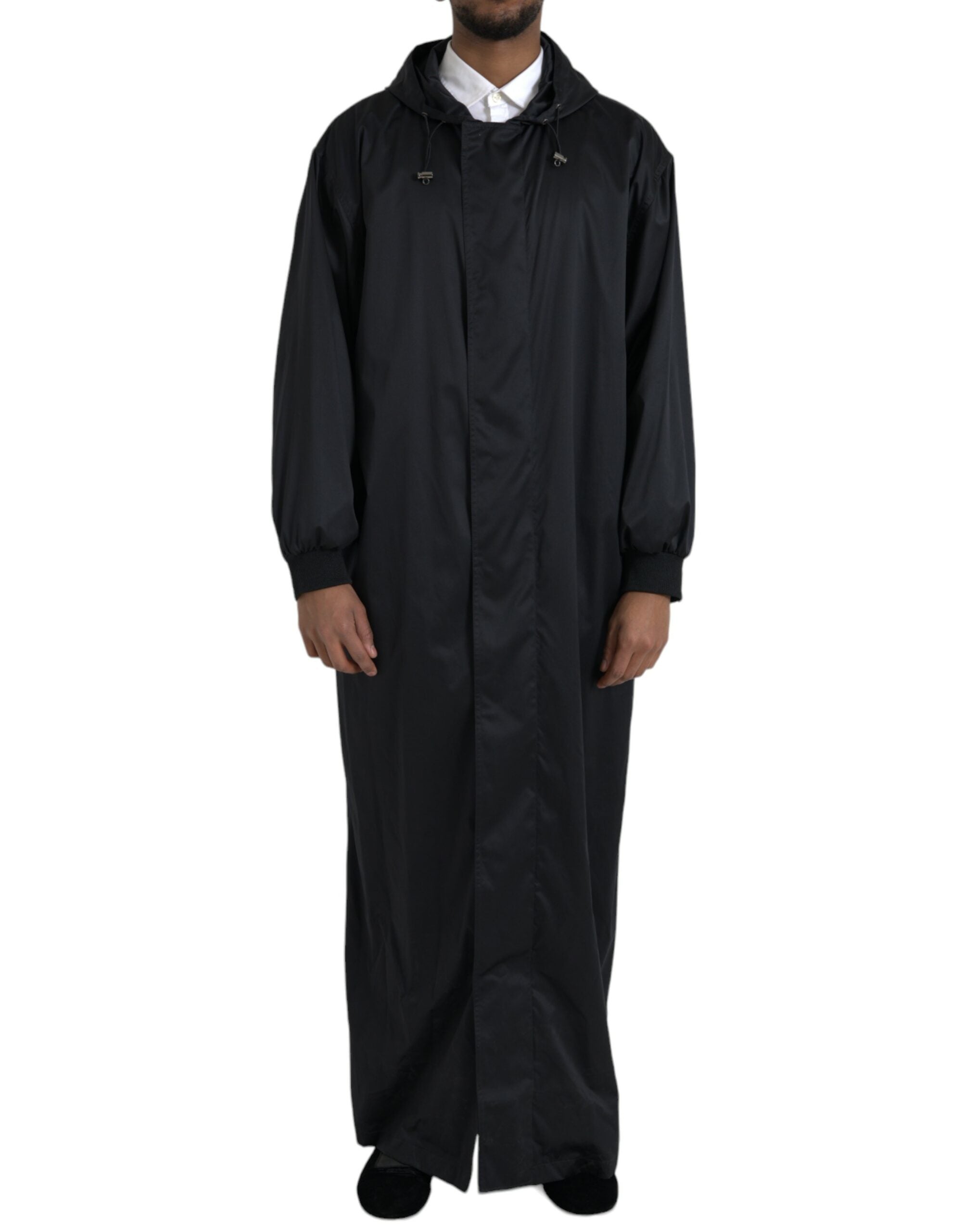 Dolce & Gabbana – Lange Windjacke aus schwarzem Polyester mit Kapuze