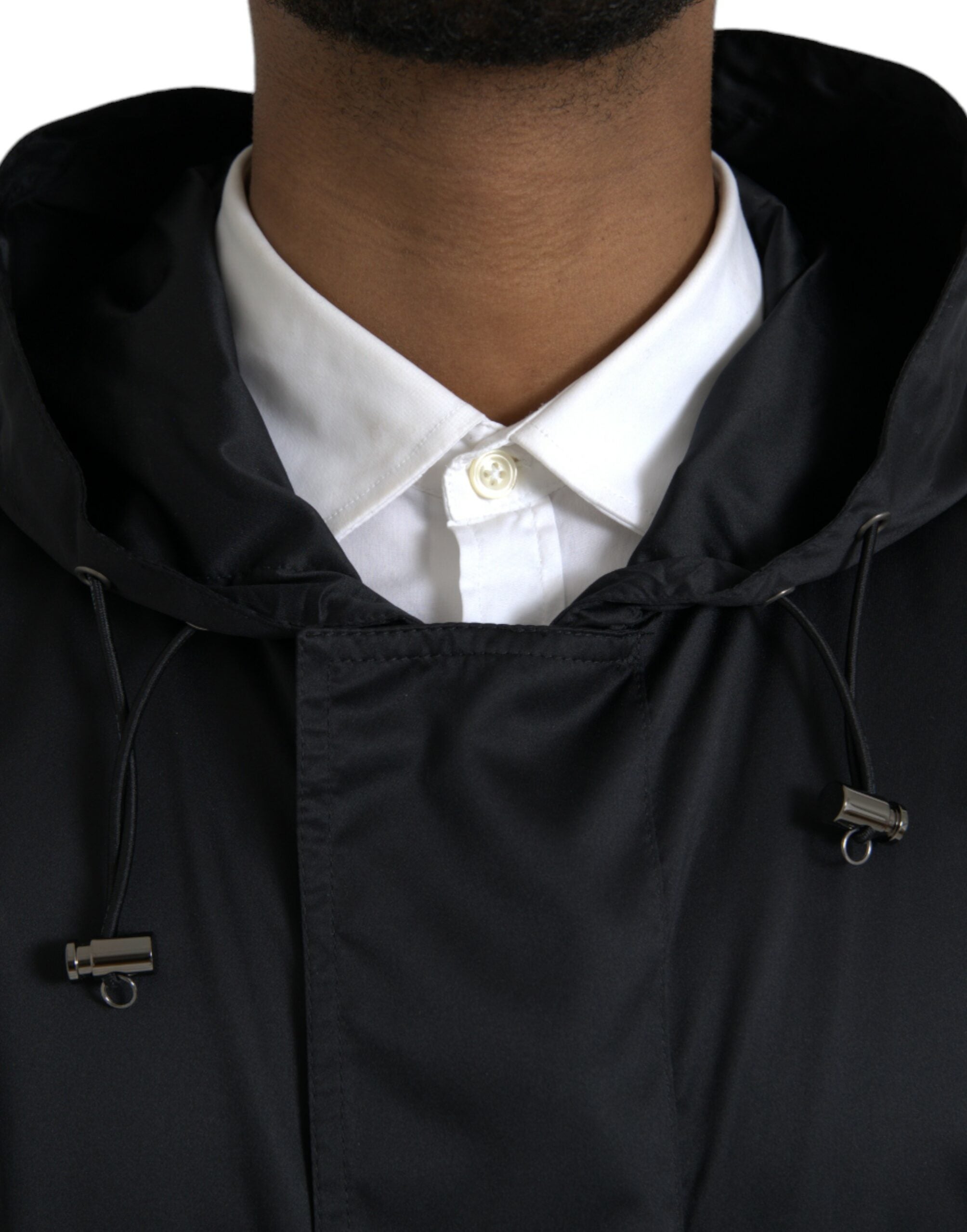 Dolce & Gabbana – Lange Windjacke aus schwarzem Polyester mit Kapuze