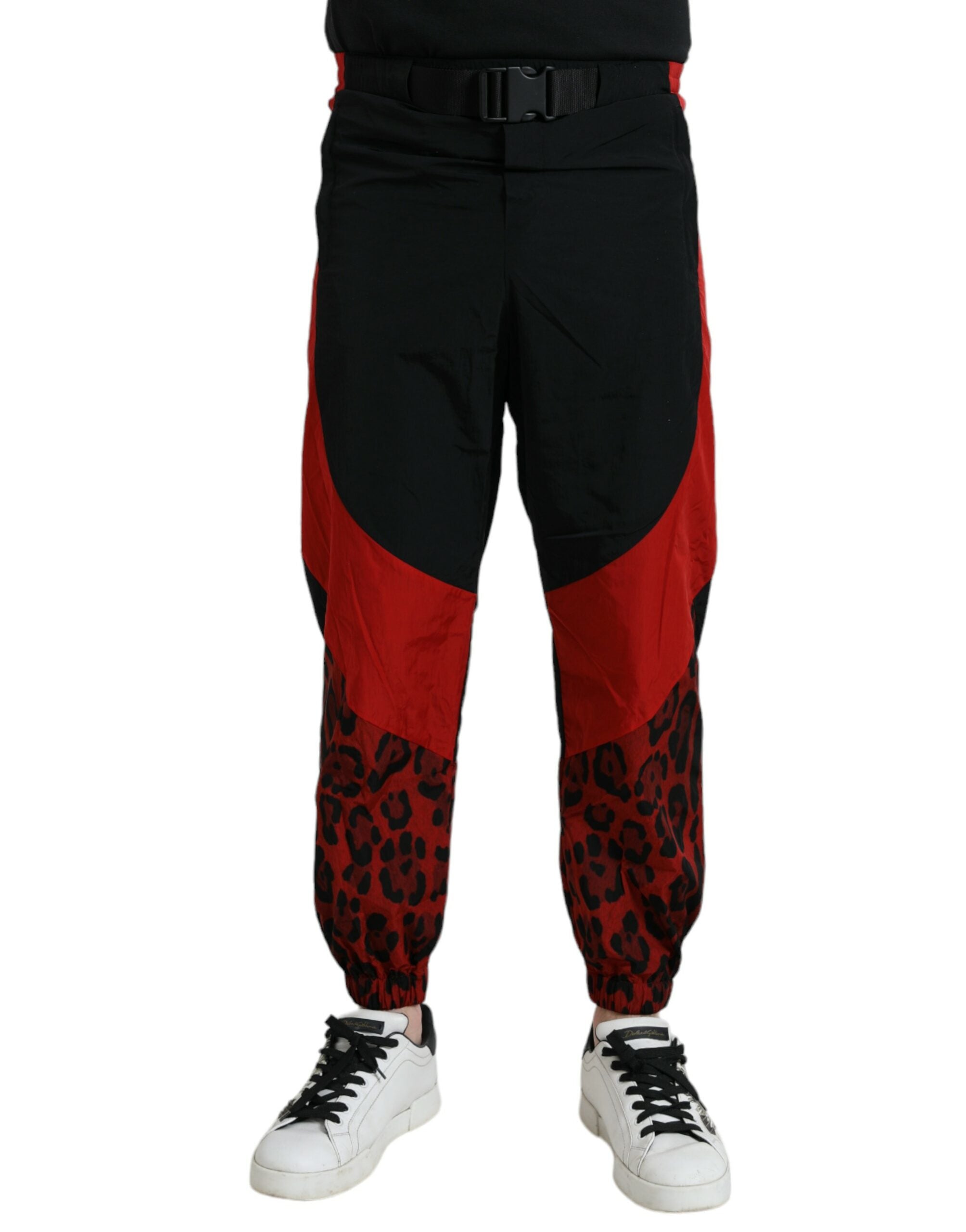 Dolce & Gabbana – Jogginghose aus Nylon mit Leopardenmuster in Schwarz und Rot