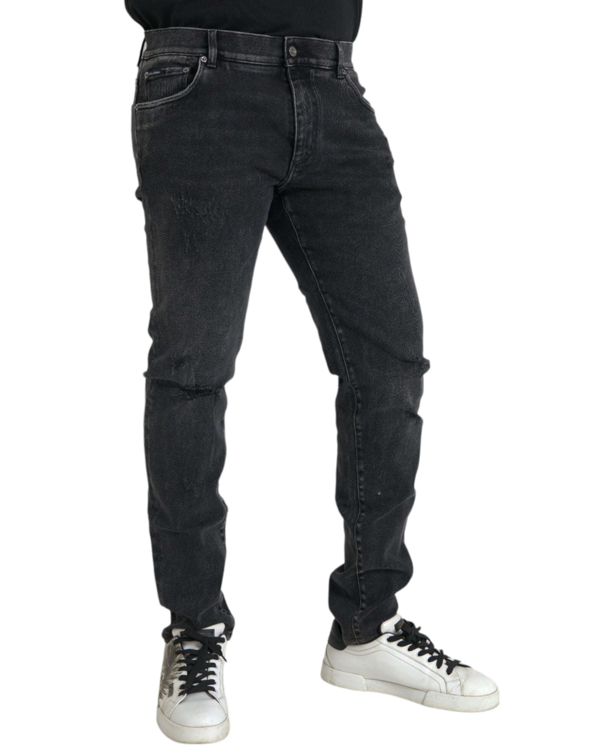 Dolce & Gabbana – Graue Skinny-Jeans aus Baumwollstretch mit Logo