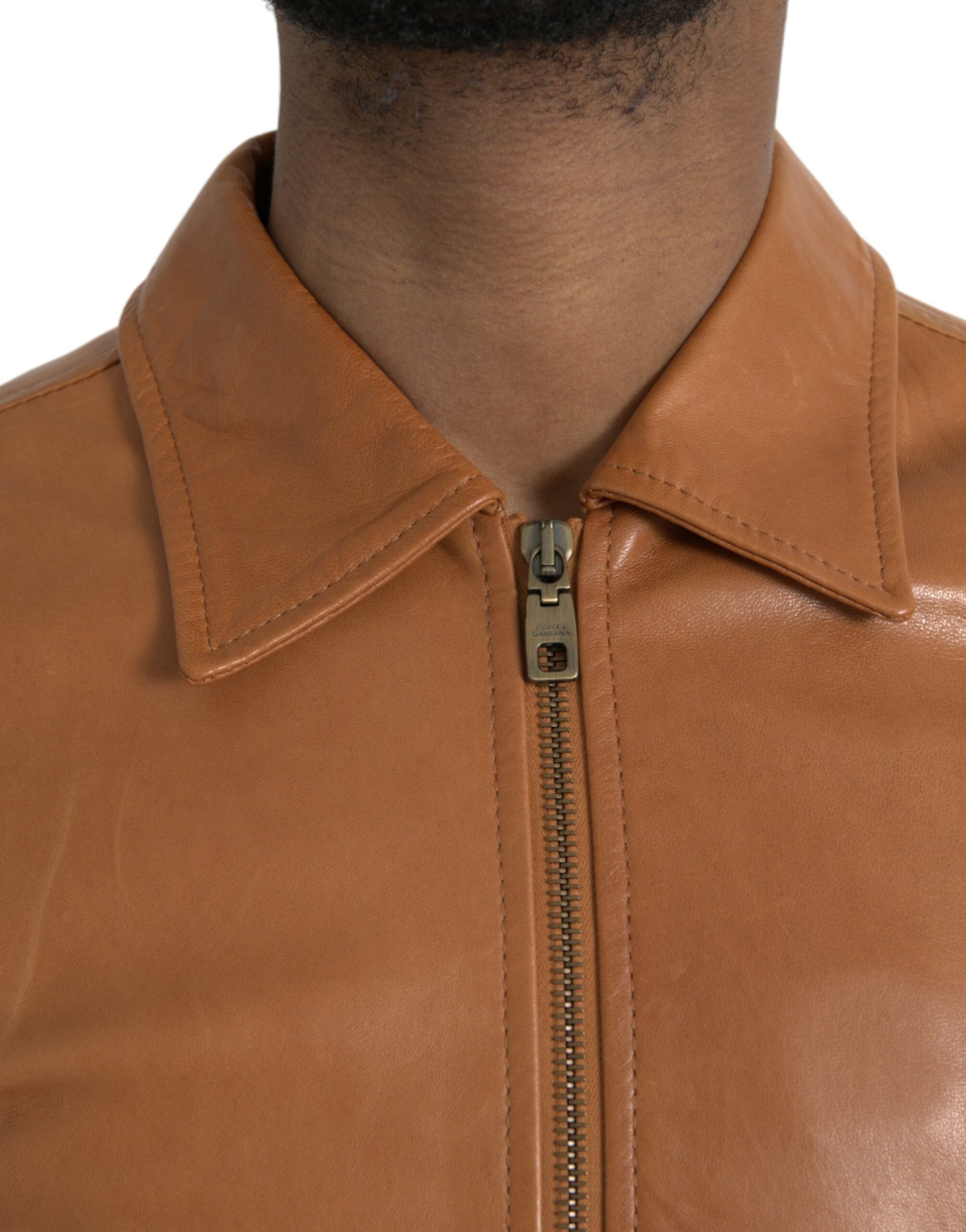 Dolce & Gabbana – Blousonjacke aus braunem Lammleder mit durchgehendem Reißverschluss