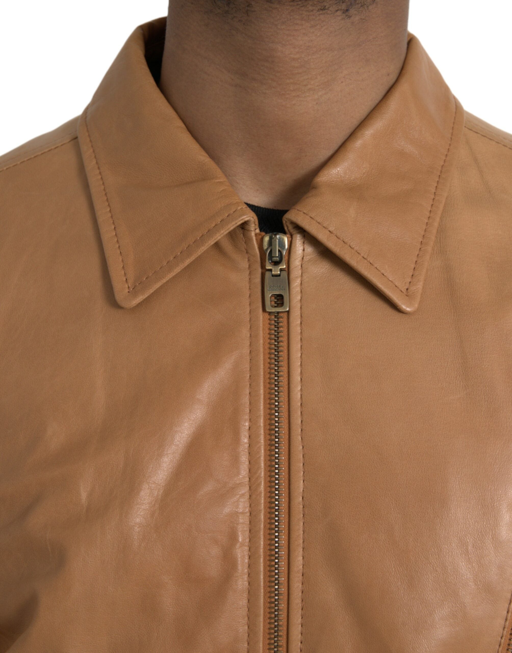 Dolce & Gabbana – Blousonjacke aus braunem Lammleder mit durchgehendem Reißverschluss