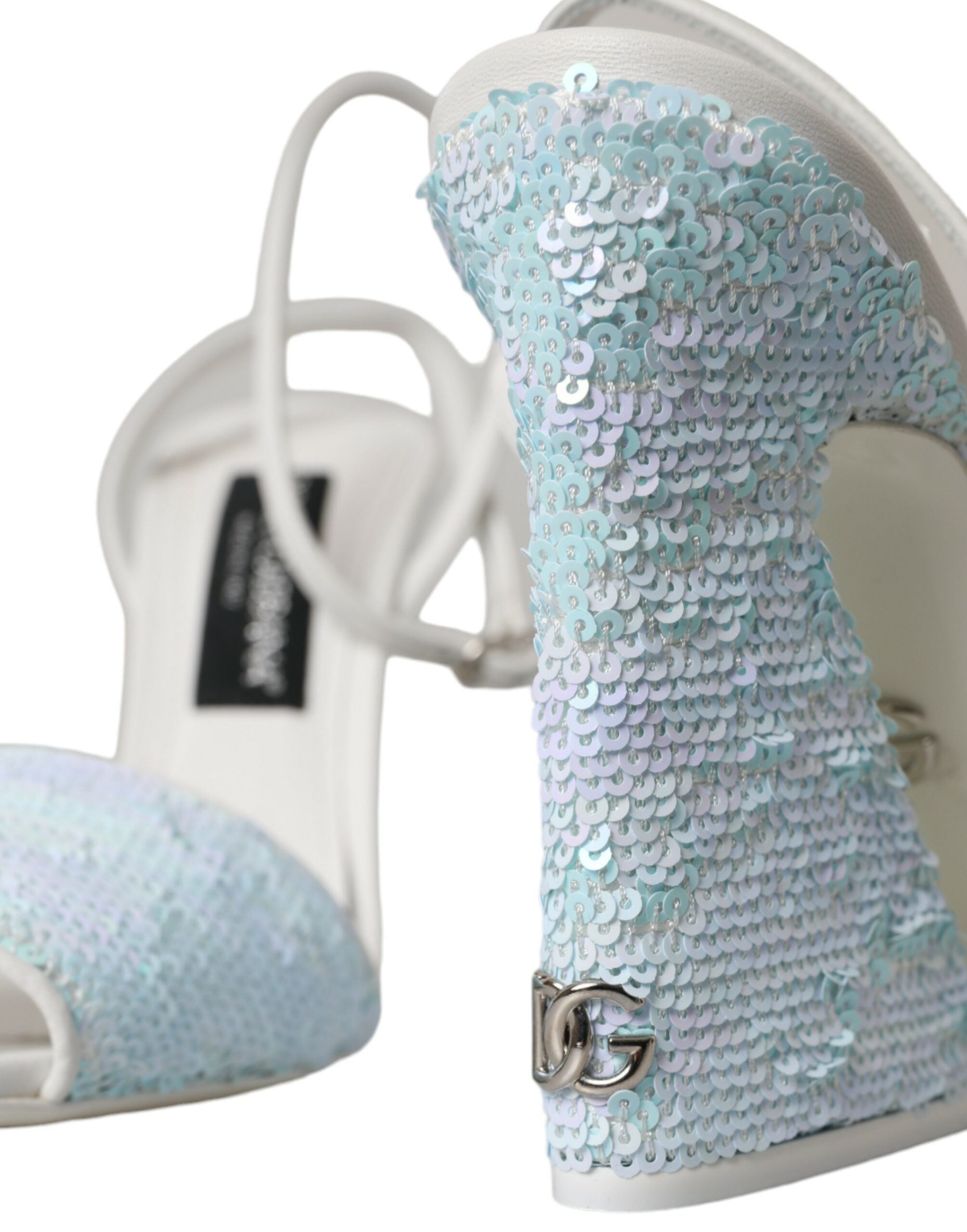 Dolce & Gabbana Hellblaue Sandalen mit Knöchelriemen und Pailletten