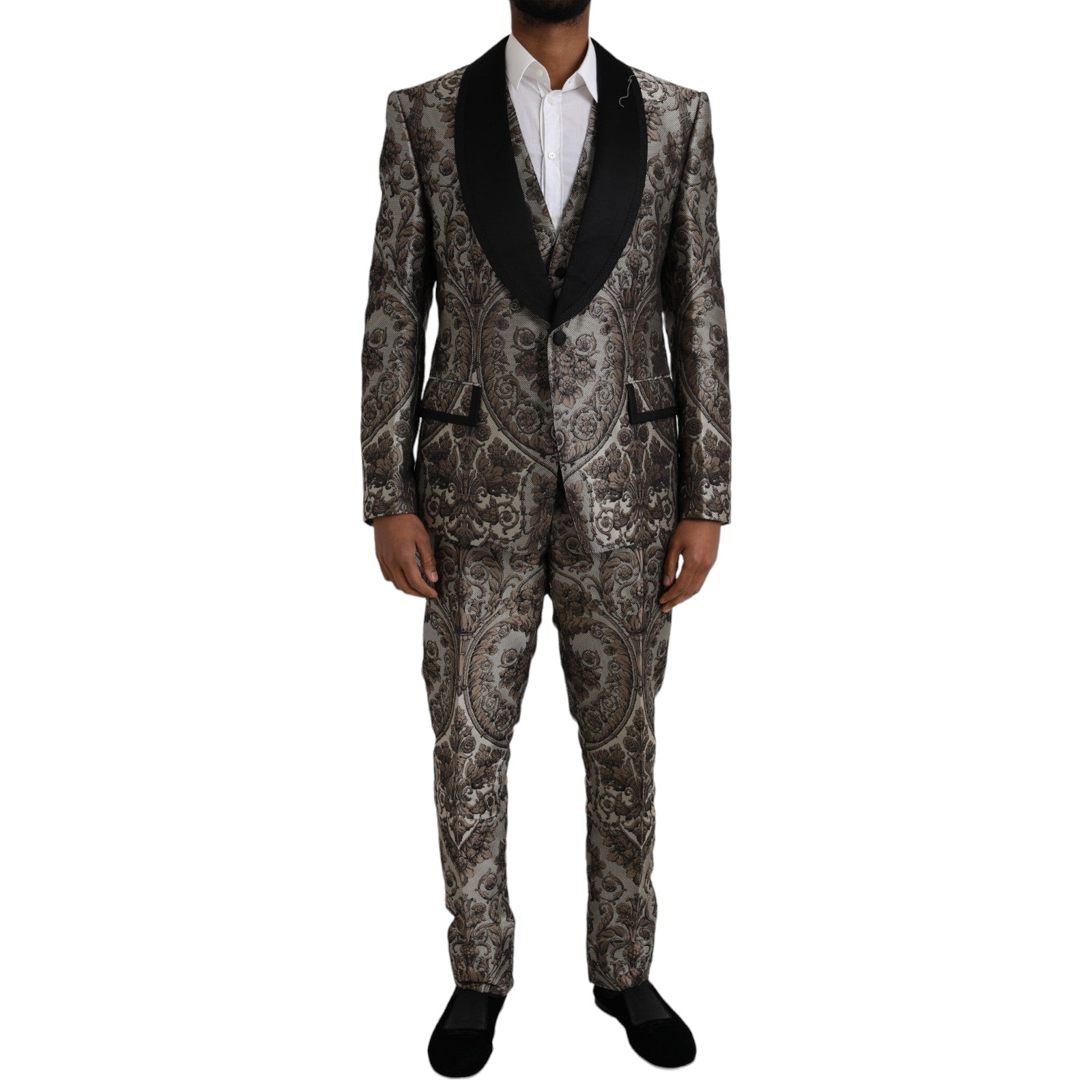 Dolce & Gabbana – Formeller dreiteiliger Anzug aus braunem Jacquard mit Blumenmuster