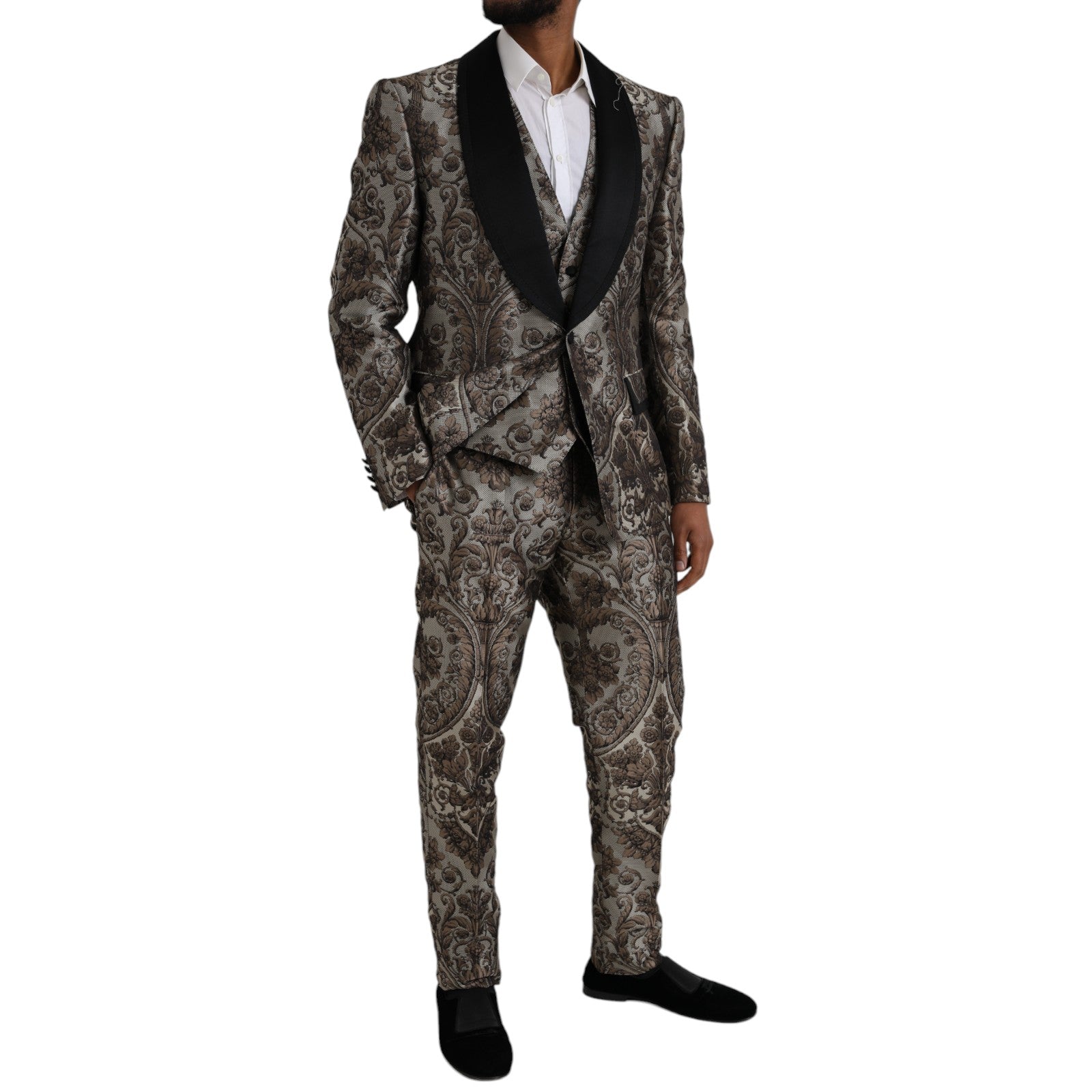 Dolce & Gabbana – Formeller dreiteiliger Anzug aus braunem Jacquard mit Blumenmuster