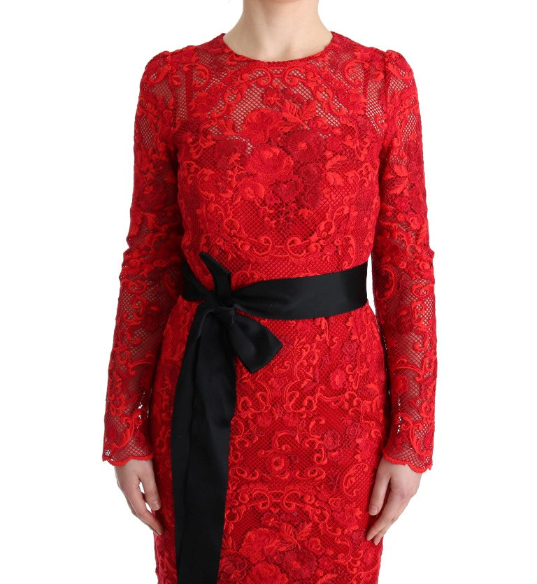 Dolce & Gabbana Elegantes rotes Etuikleid mit Seidengürtel mit Schleife