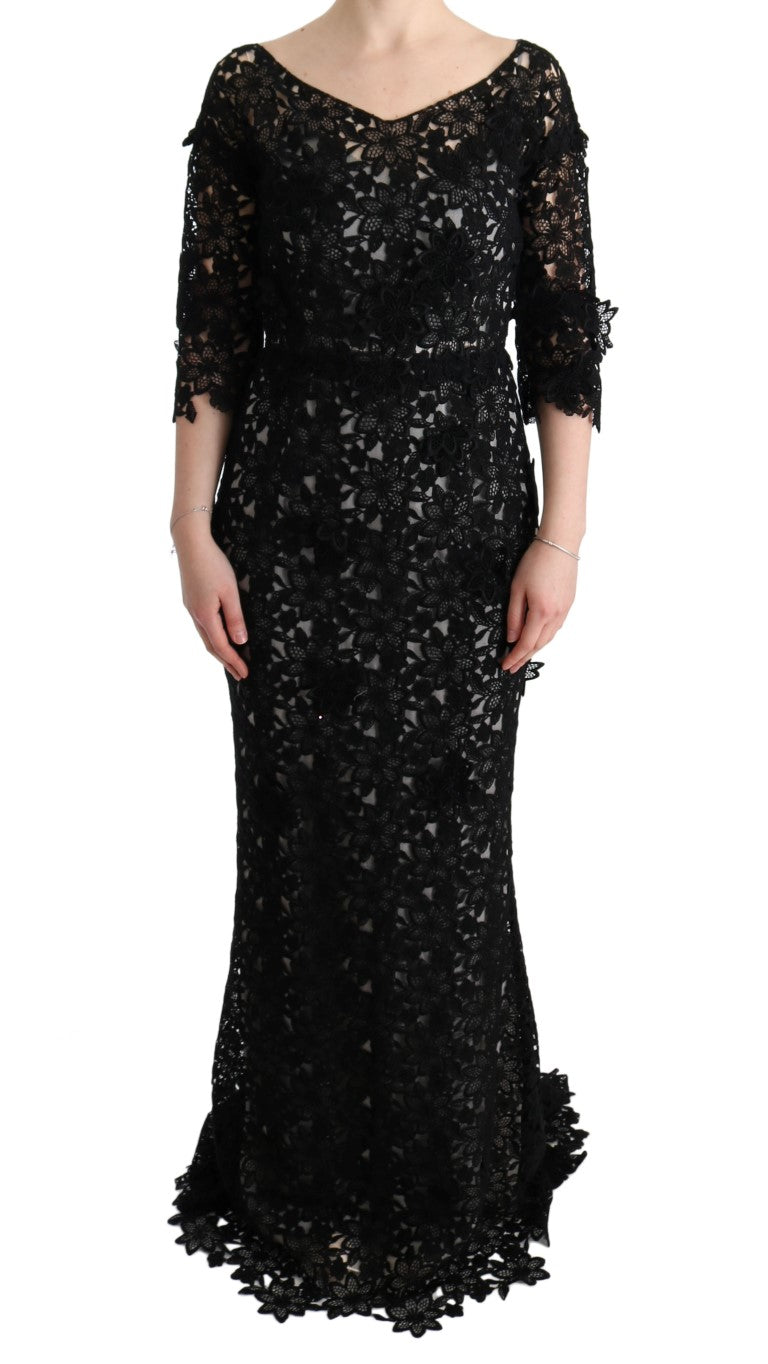 Dolce & Gabbana – Elegantes schwarzes Maxi-Etuikleid mit Blumenapplikation