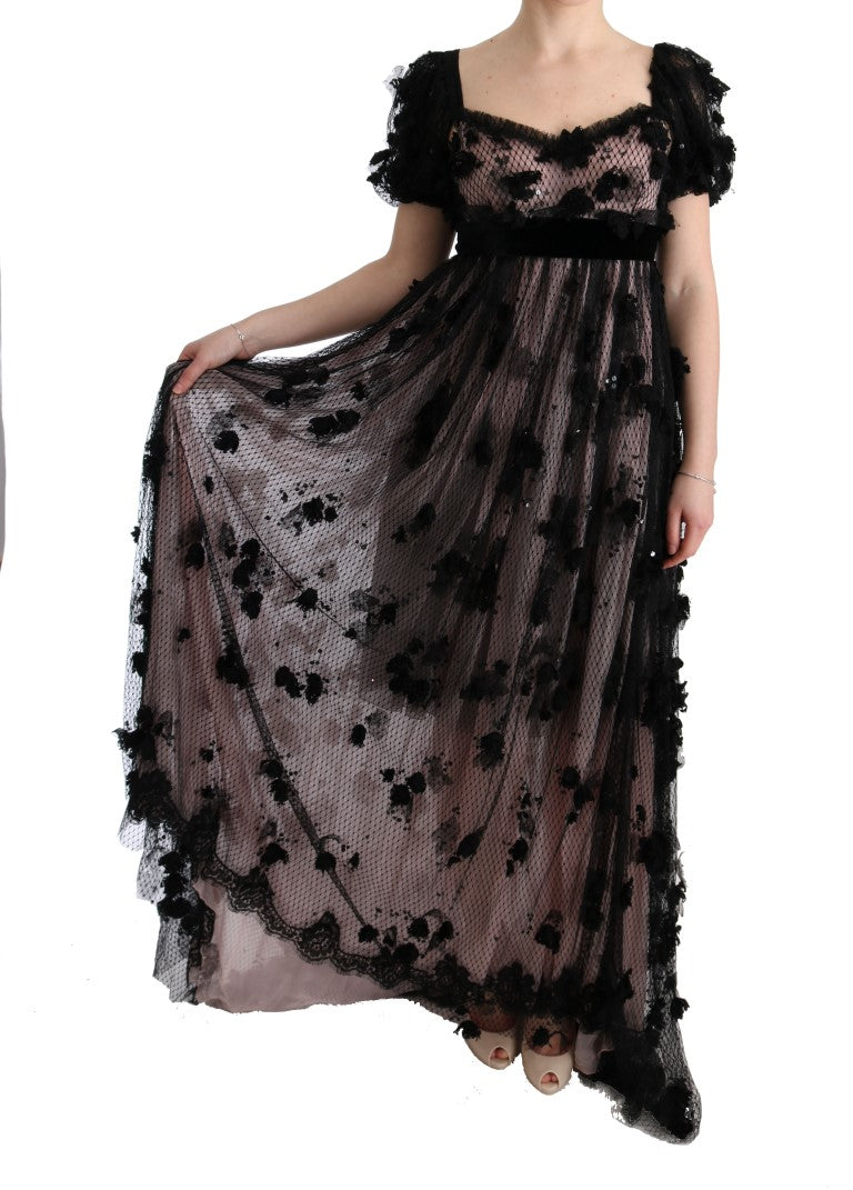 Dolce & Gabbana – Elegantes, bodenlanges Kleid mit Blumenapplikation