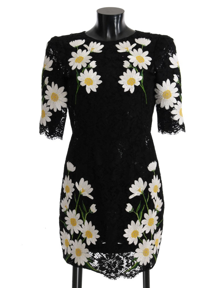 Rochie Dolce & Gabbana neagră cu dantelă florală și broderie de mușețel