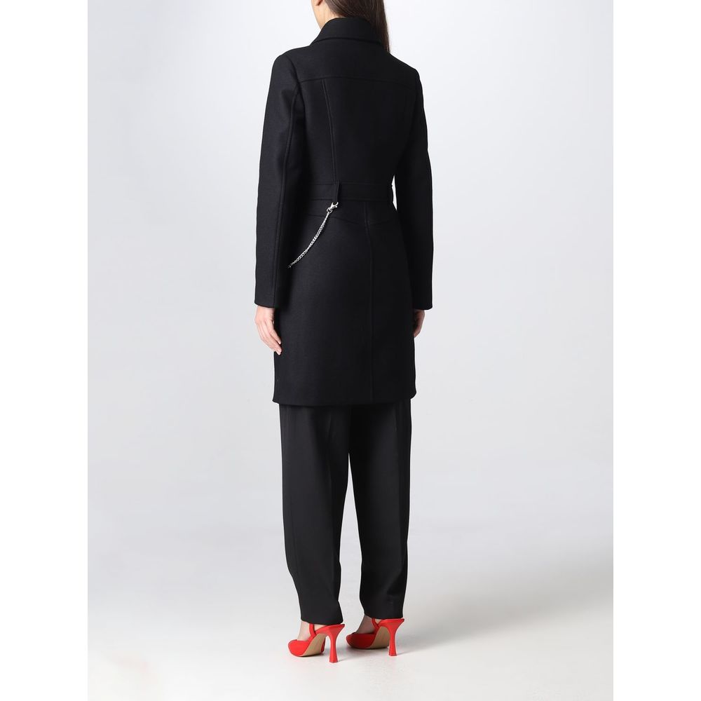 Love Moschino – Eleganter schwarzer Wollmantel mit silbernem Kettendetail