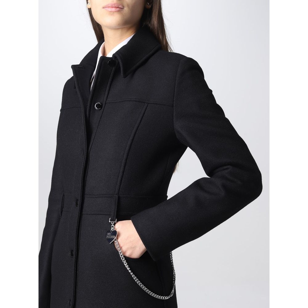 Love Moschino – Eleganter schwarzer Wollmantel mit silbernem Kettendetail