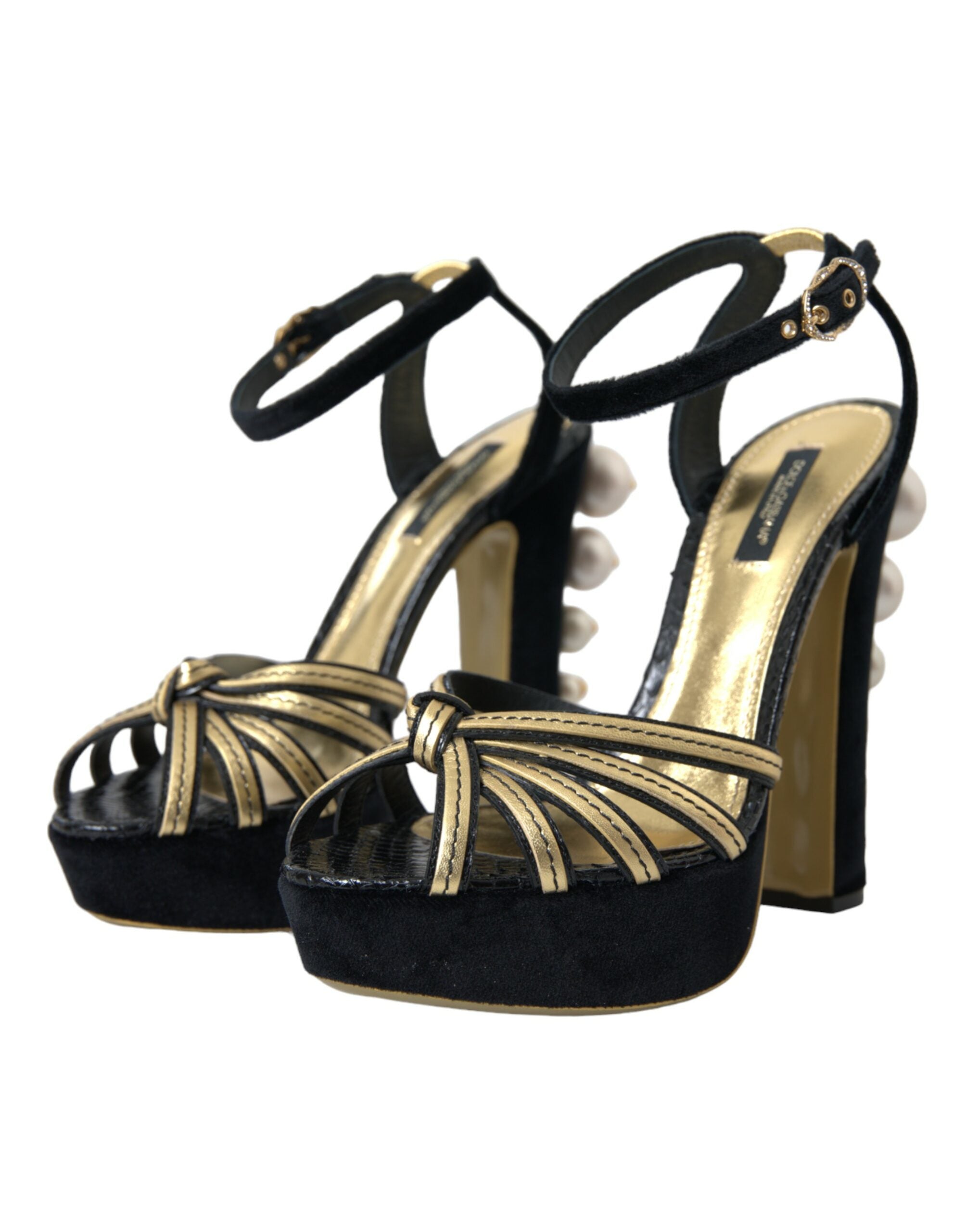 Sandale Dolce & Gabbana cu toc negru și decorațiuni aurii