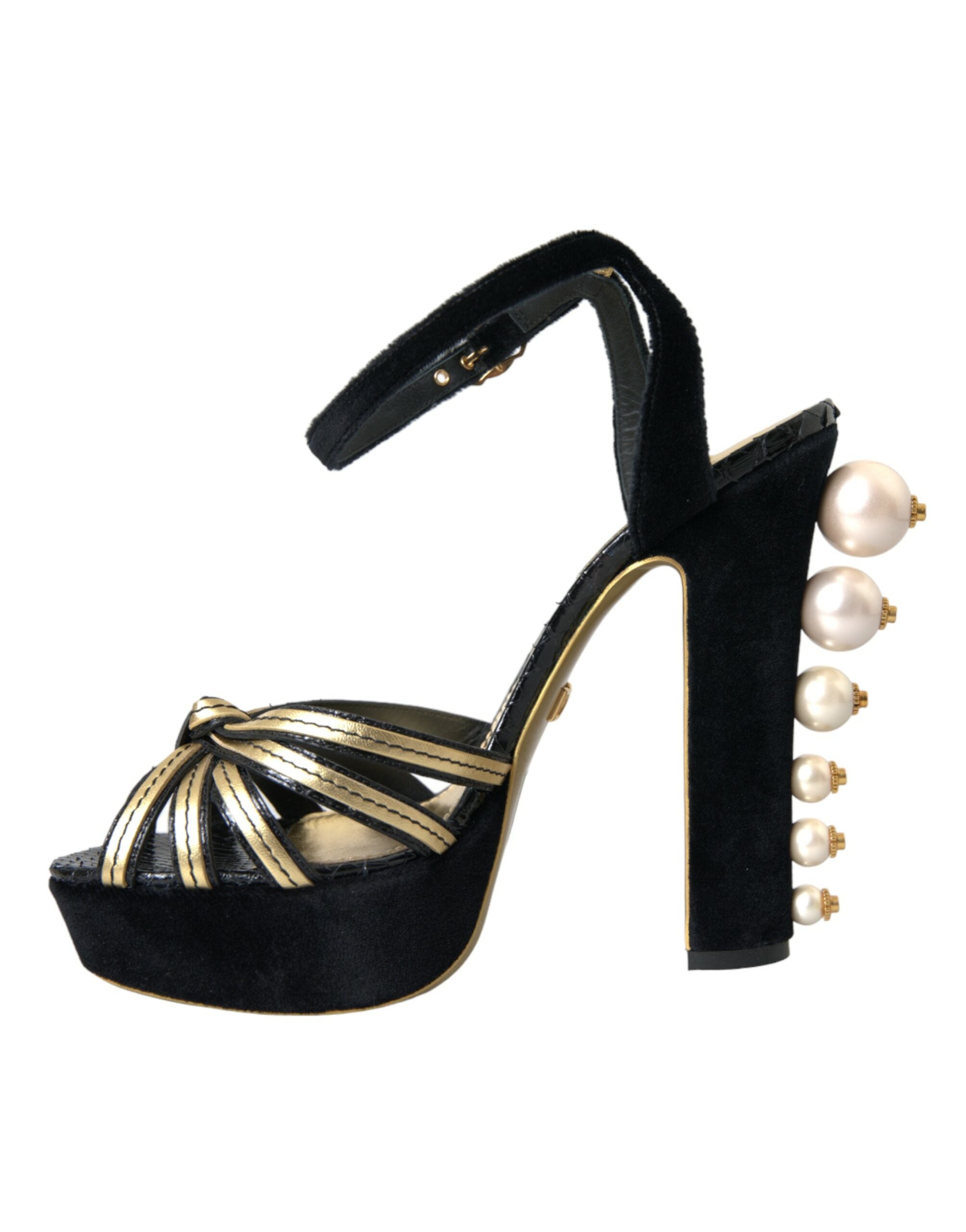Sandale Dolce & Gabbana cu toc negru și decorațiuni aurii