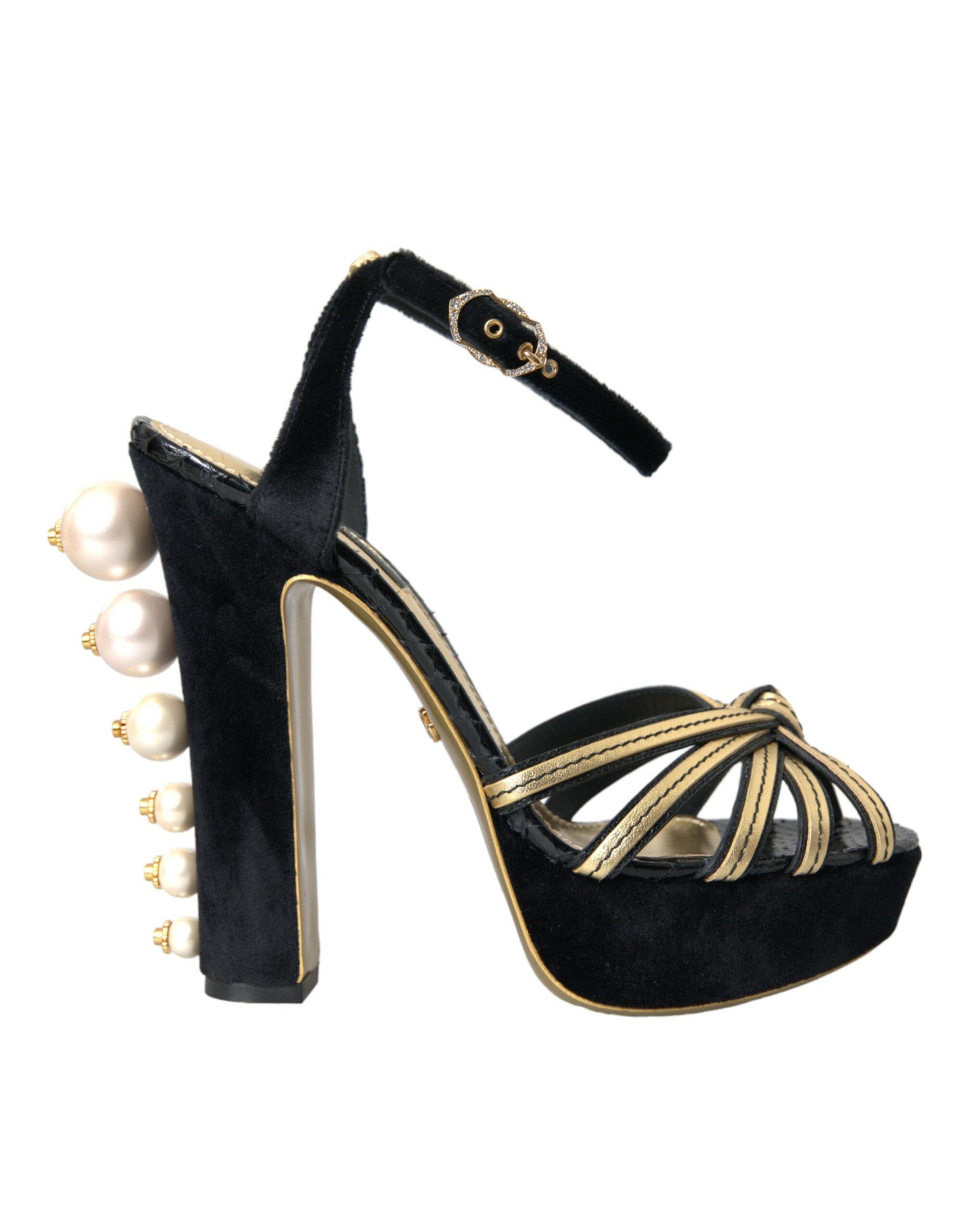 Sandale Dolce & Gabbana cu toc negru și decorațiuni aurii