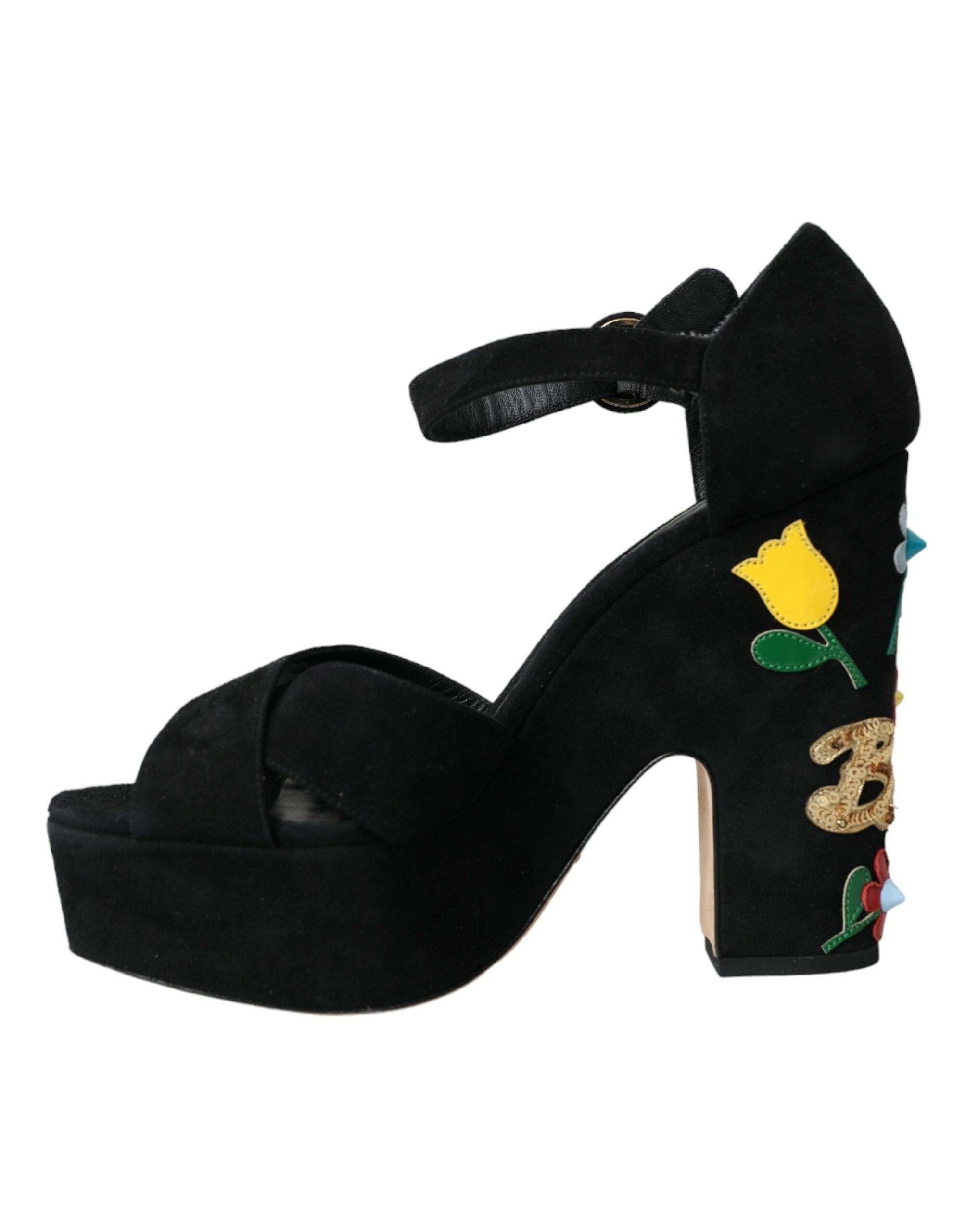 Sandale Dolce & Gabbana negre cu toc floral și bareta la gleznă