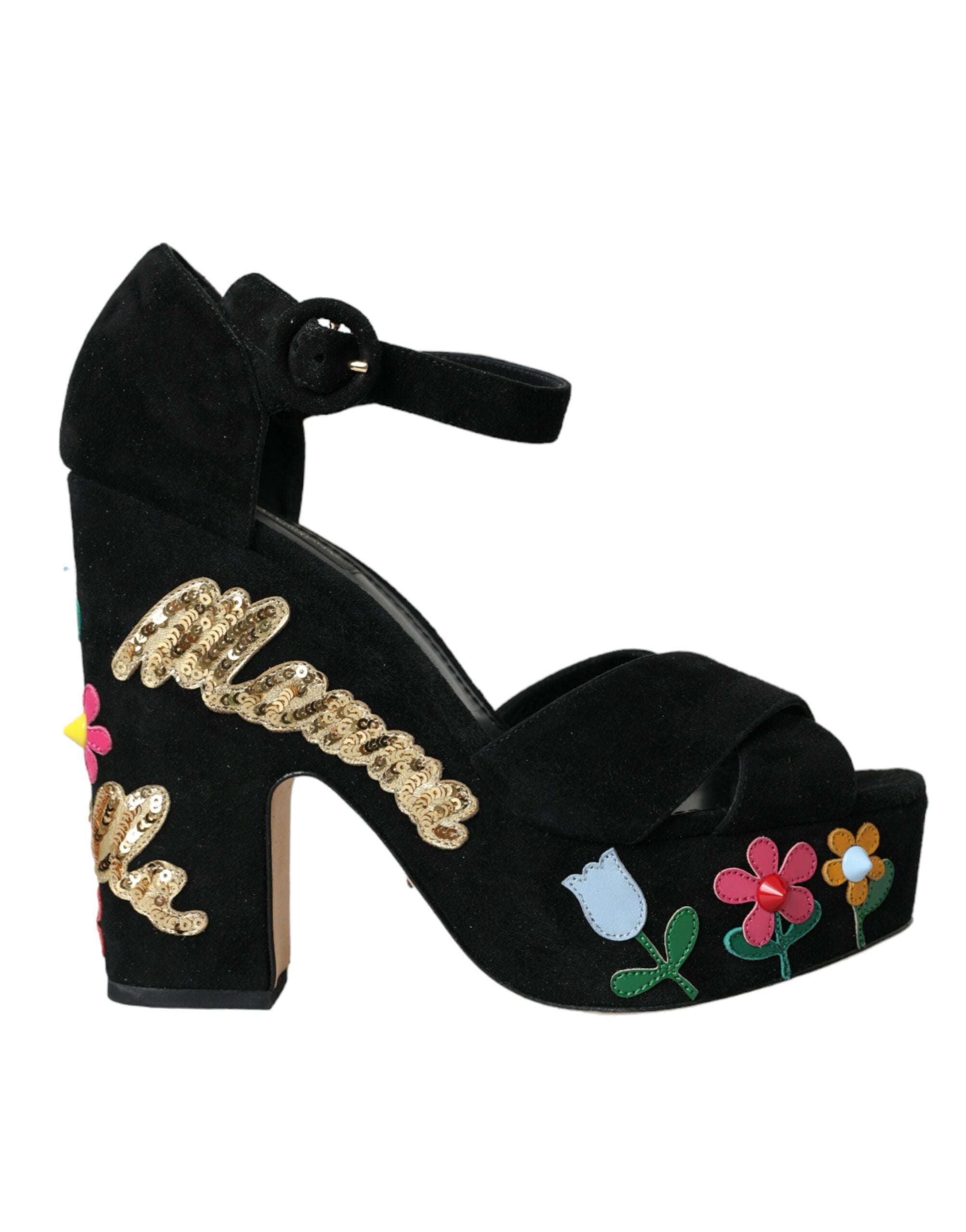 Dolce & Gabbana Schwarze Sandalen mit Knöchelriemen und Blumenmuster
