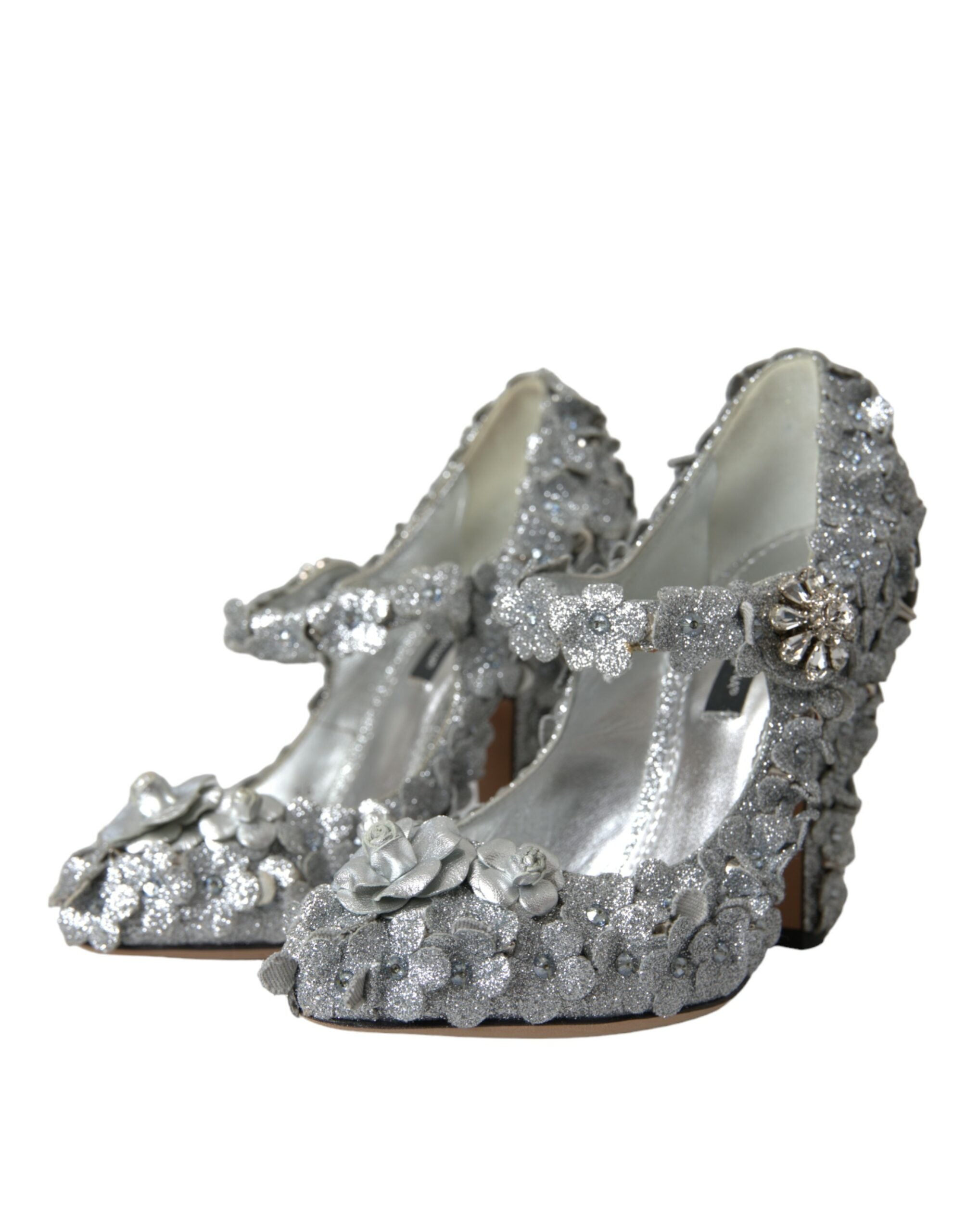 Dolce & Gabbana – Silberne Mary-Jane-Pumps mit Blumenmuster und Kristallen