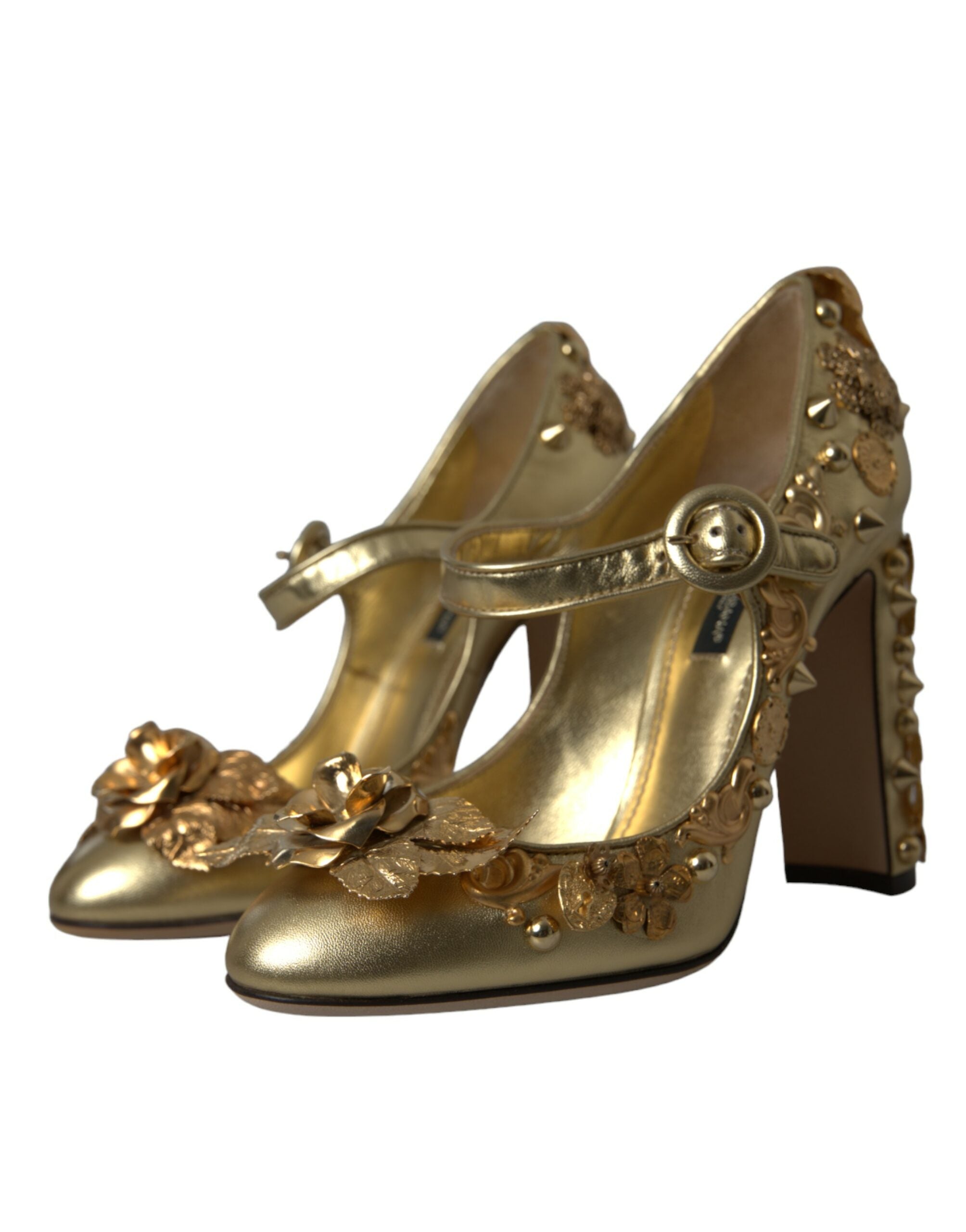 Dolce & Gabbana – Mary Janes-Pumps aus goldenem Leder mit Kristallen