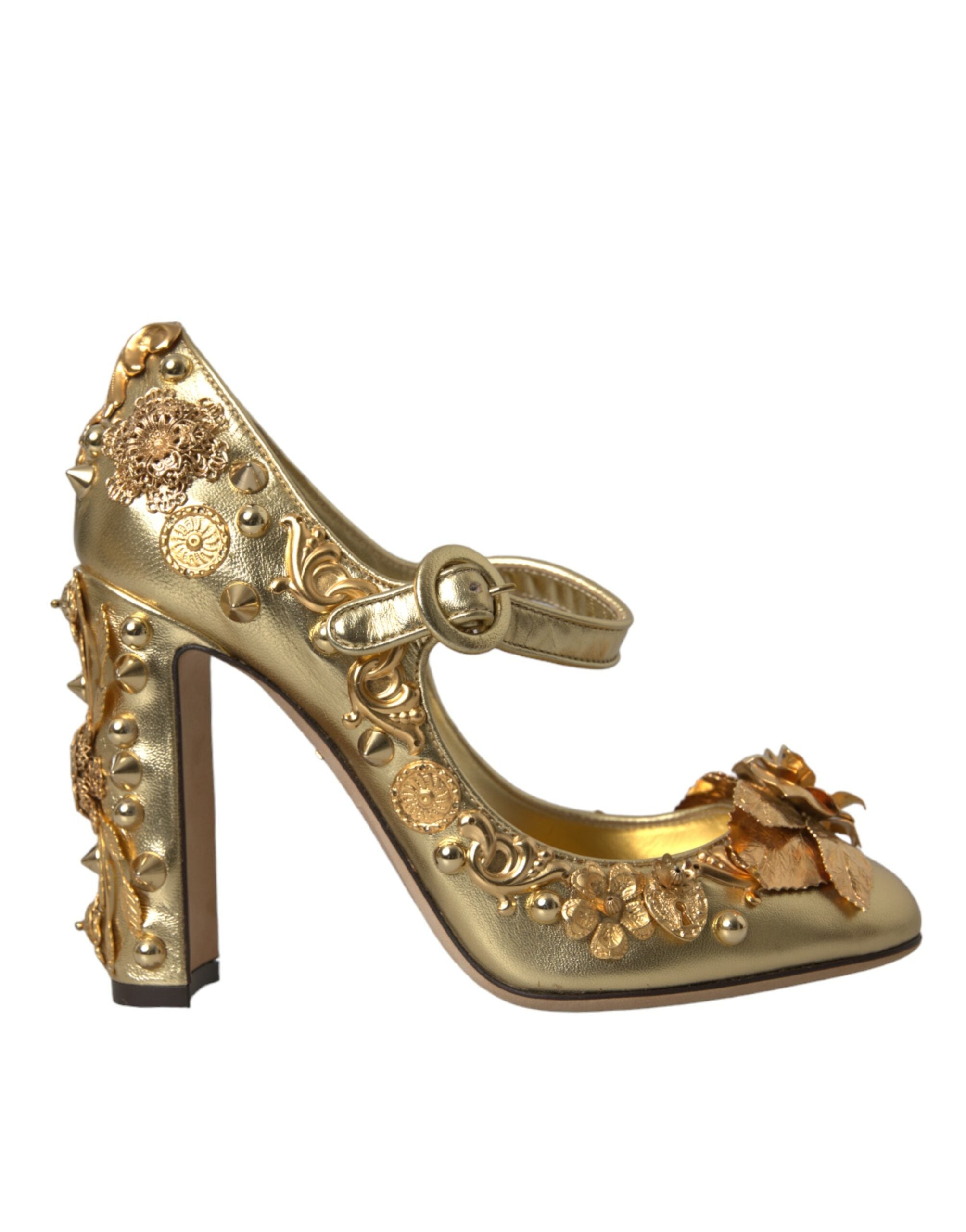 Dolce & Gabbana – Mary Janes-Pumps aus goldenem Leder mit Kristallen