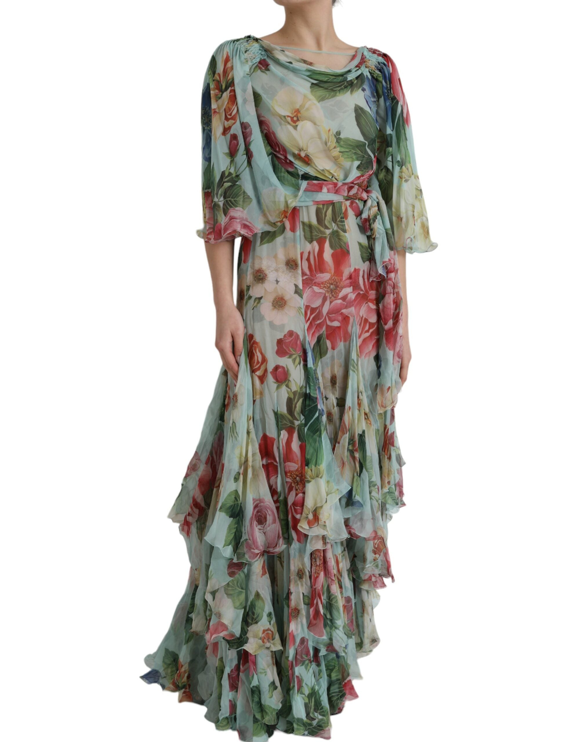 Rochie maxi lungă Dolce & Gabbana albastră cu imprimeu floral și straturi