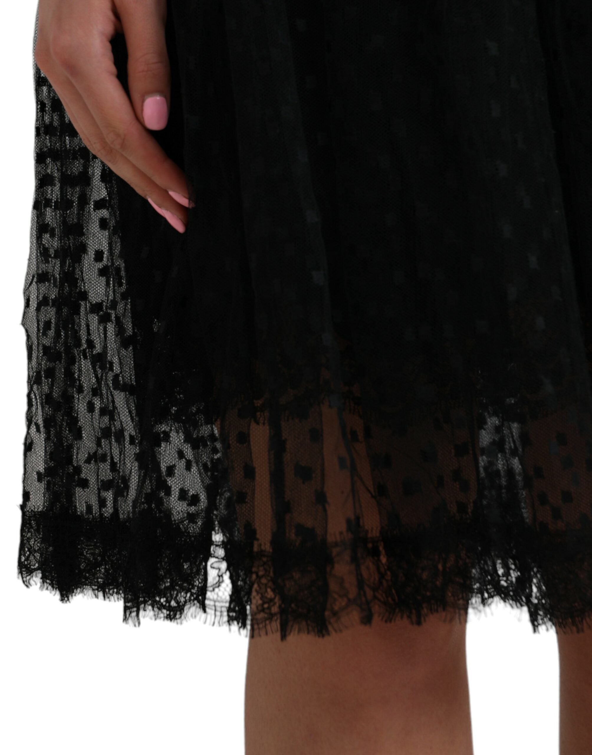 Dolce & Gabbana – Schwarzer A-Linien-Rock mit hoher Taille und Spitzenbesatz aus Nylon