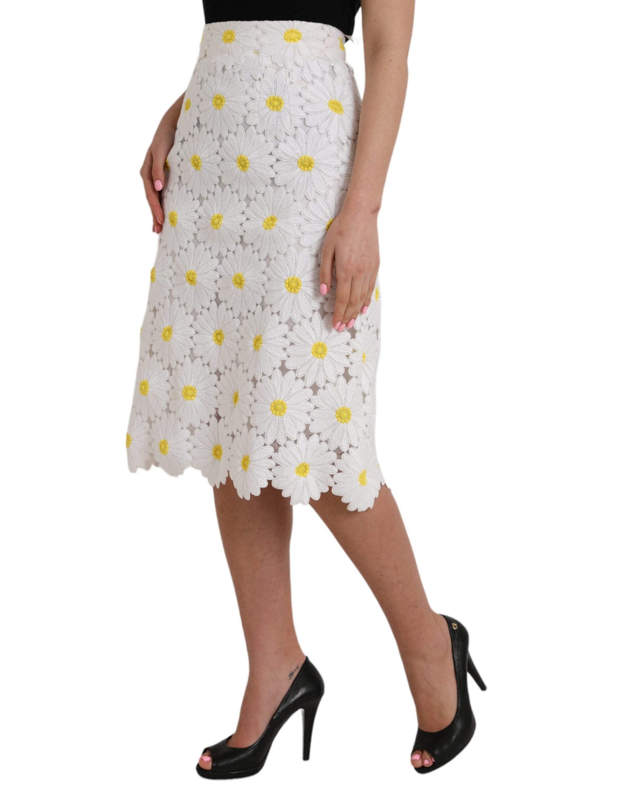 Dolce & Gabbana Weißer, gerader Bleistiftrock aus Spitze mit Blumenmuster