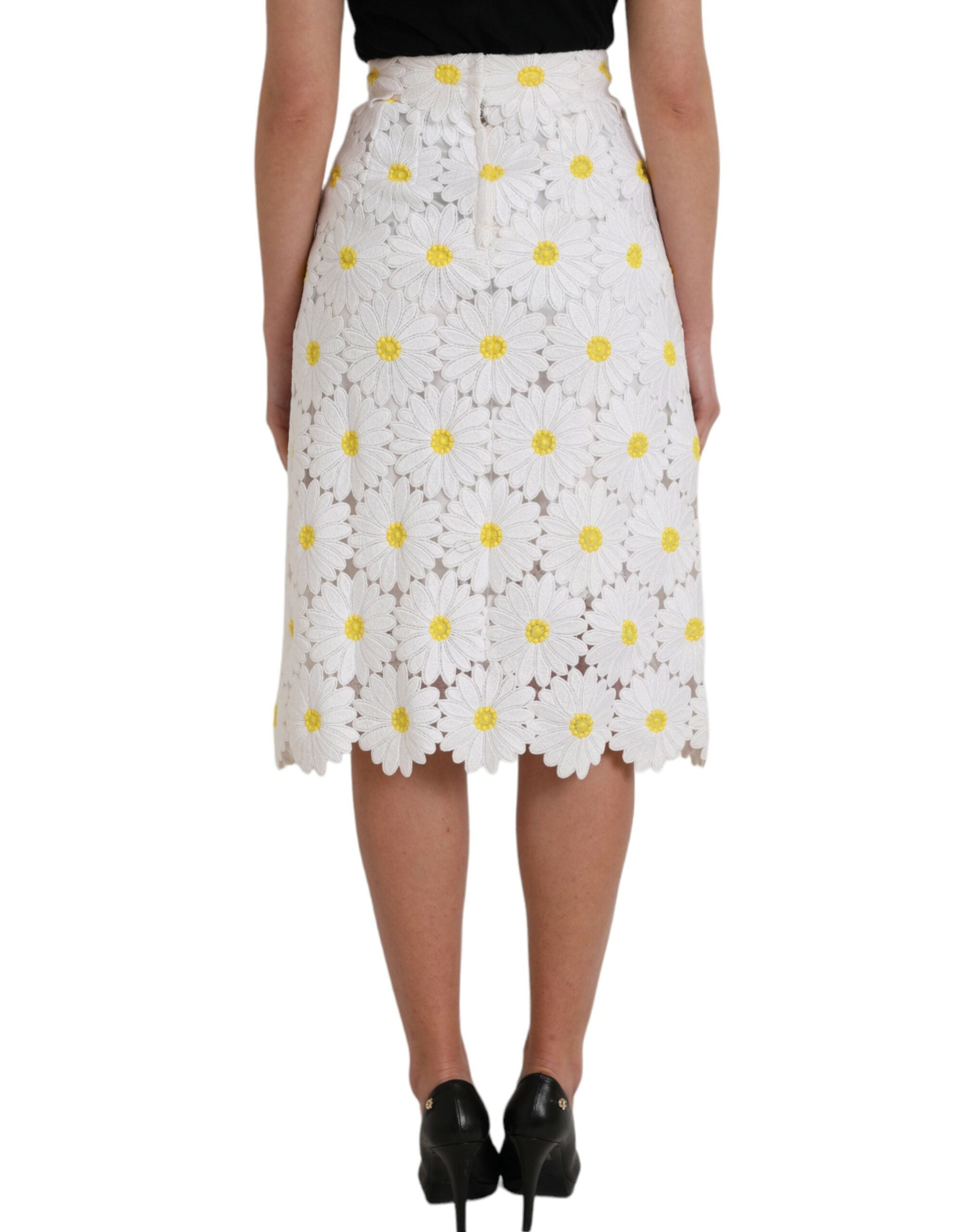 Dolce & Gabbana Weißer, gerader Bleistiftrock aus Spitze mit Blumenmuster