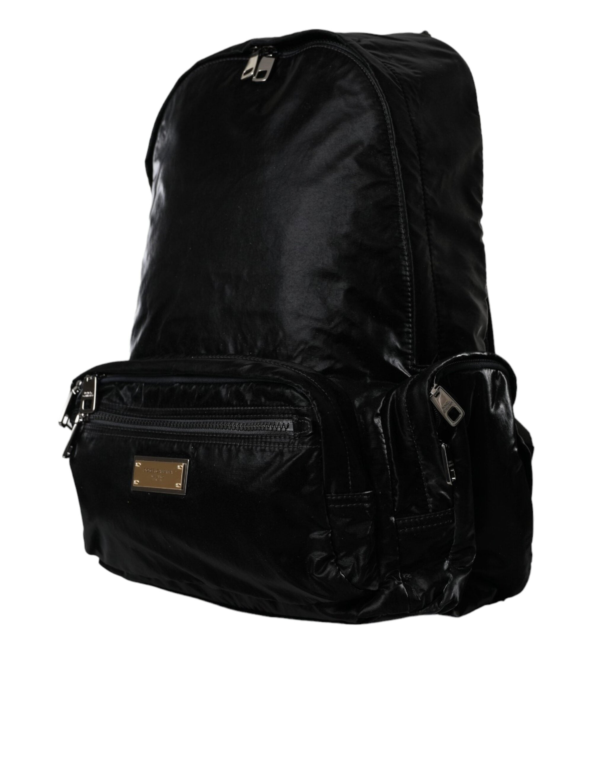 Dolce & Gabbana – Rucksacktasche aus schwarzem Lackleder mit Logo-Plakette