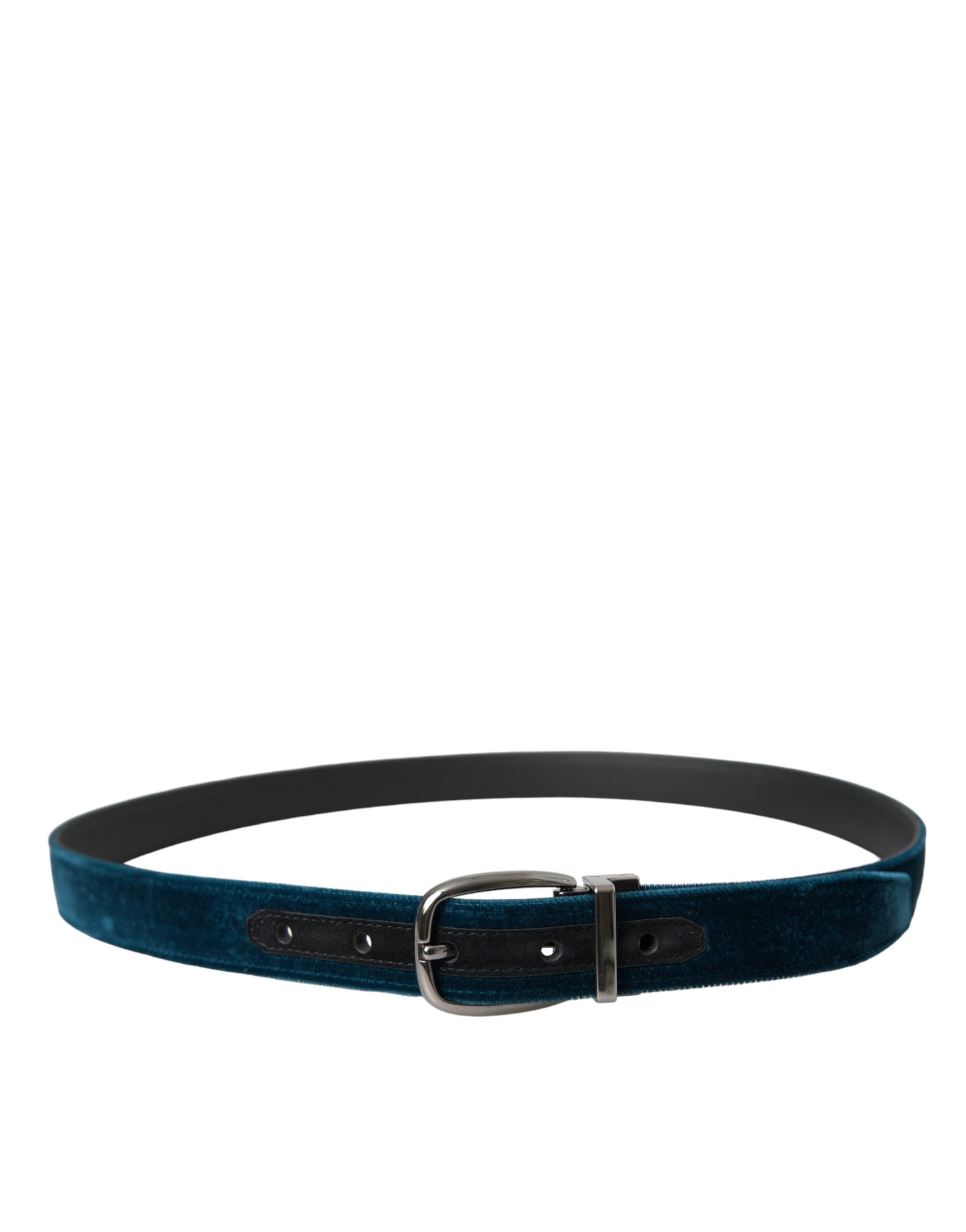 Curea Dolce & Gabbana din piele catifelată albastră cu cataramă metalică argintie