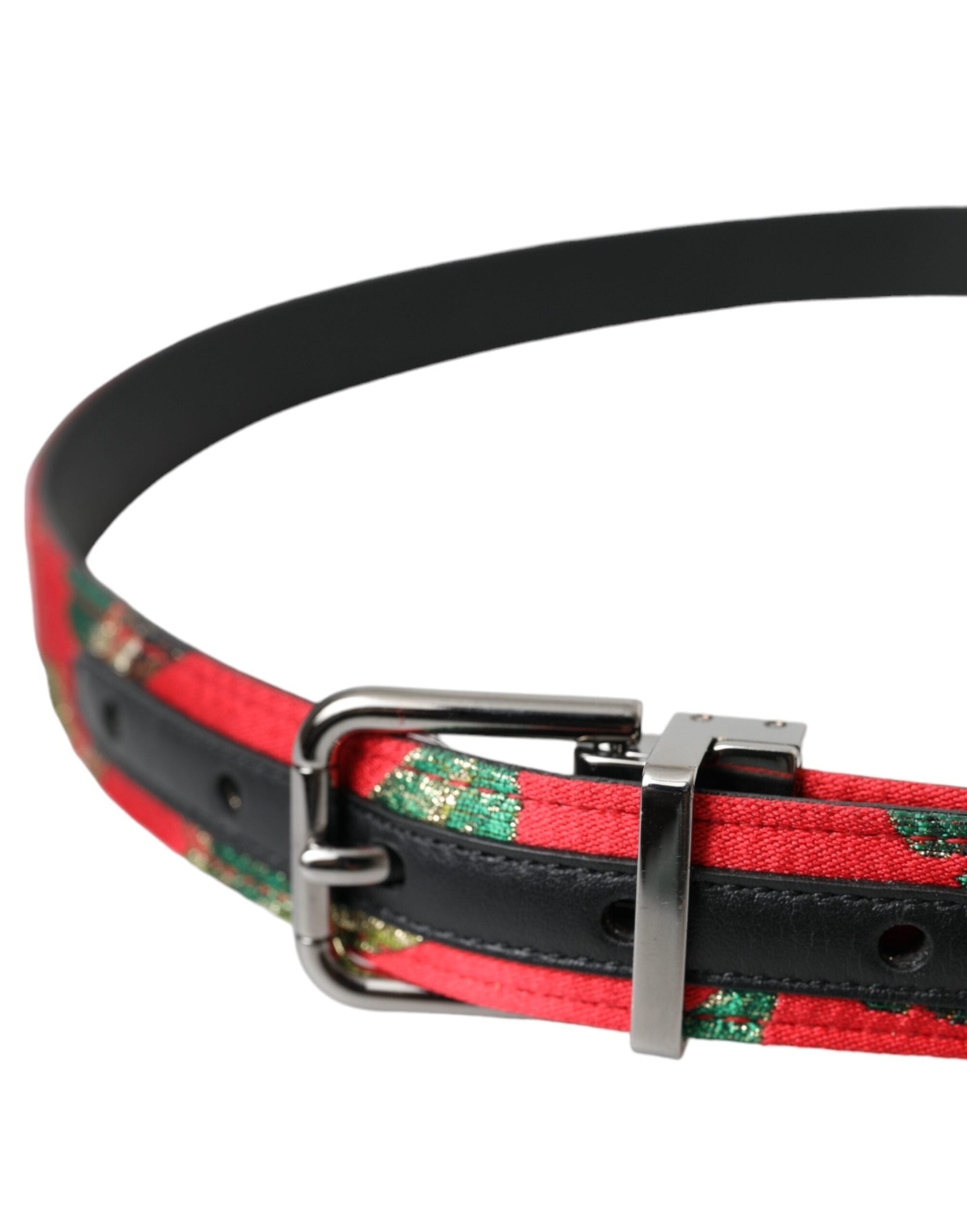 Curea Dolce & Gabbana din piele roșie cu cataramă metalică argintie jacquard