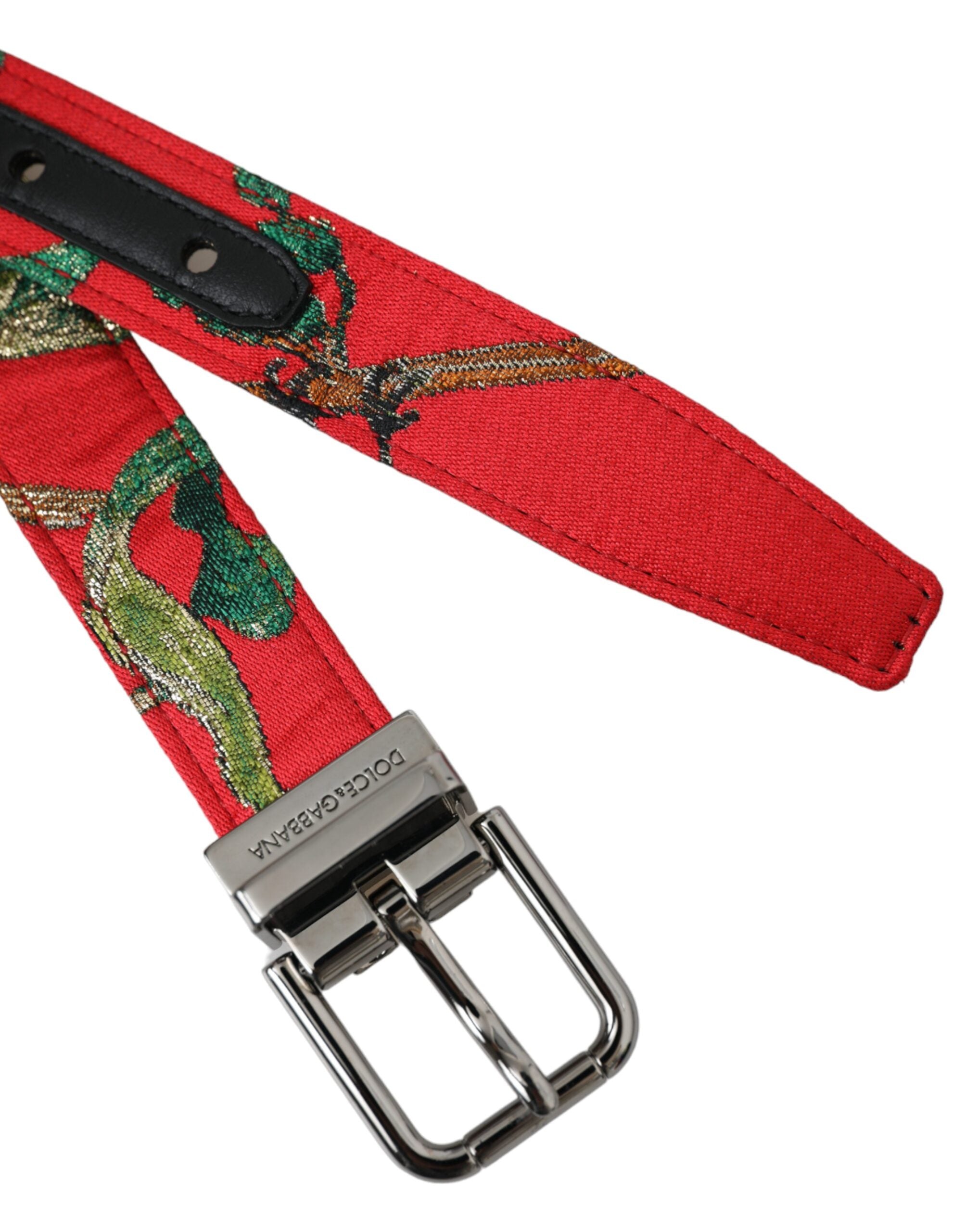 Curea Dolce & Gabbana din piele roșie cu cataramă metalică argintie jacquard