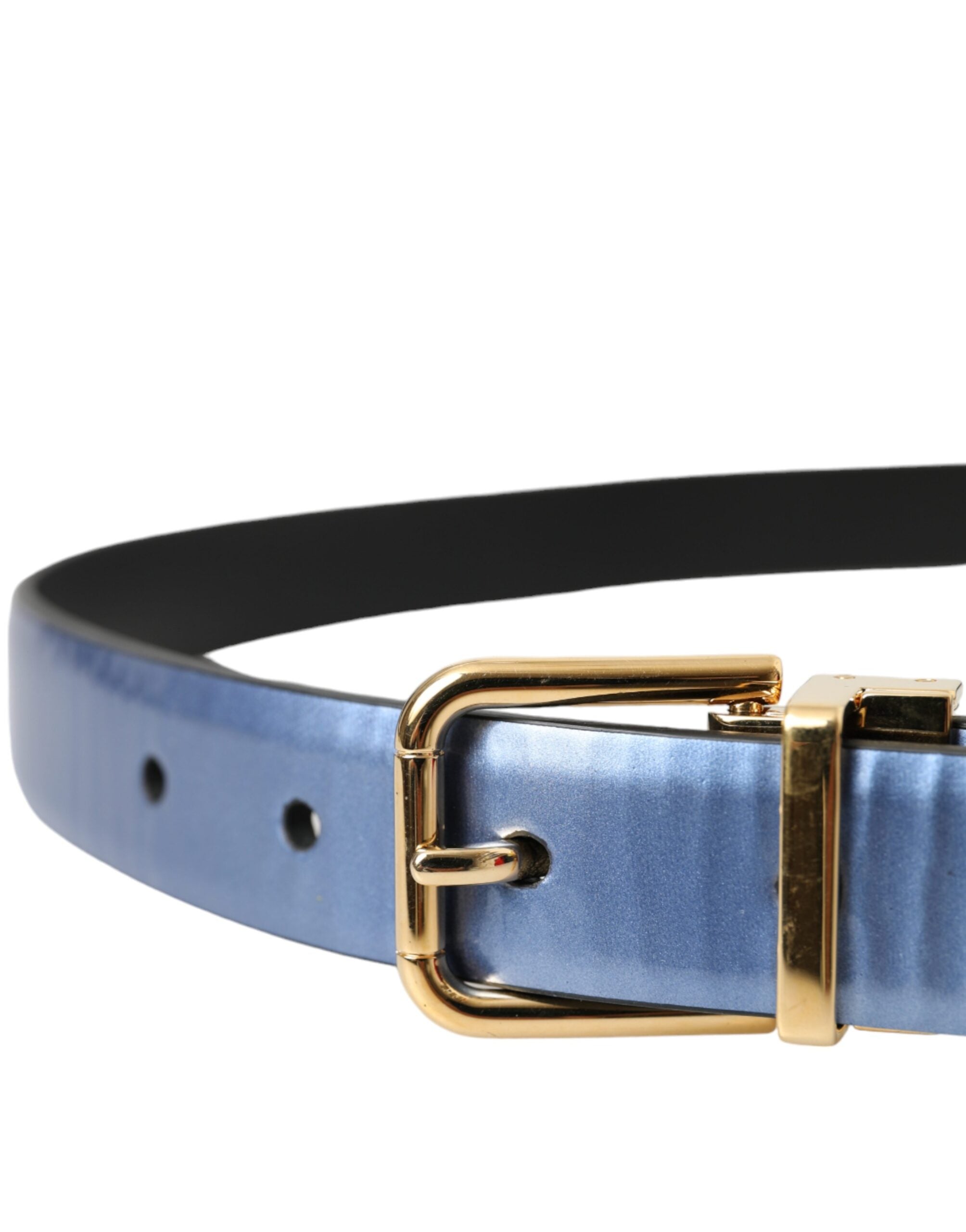 Curea Dolce & Gabbana din piele albastră metalică cu cataramă aurie