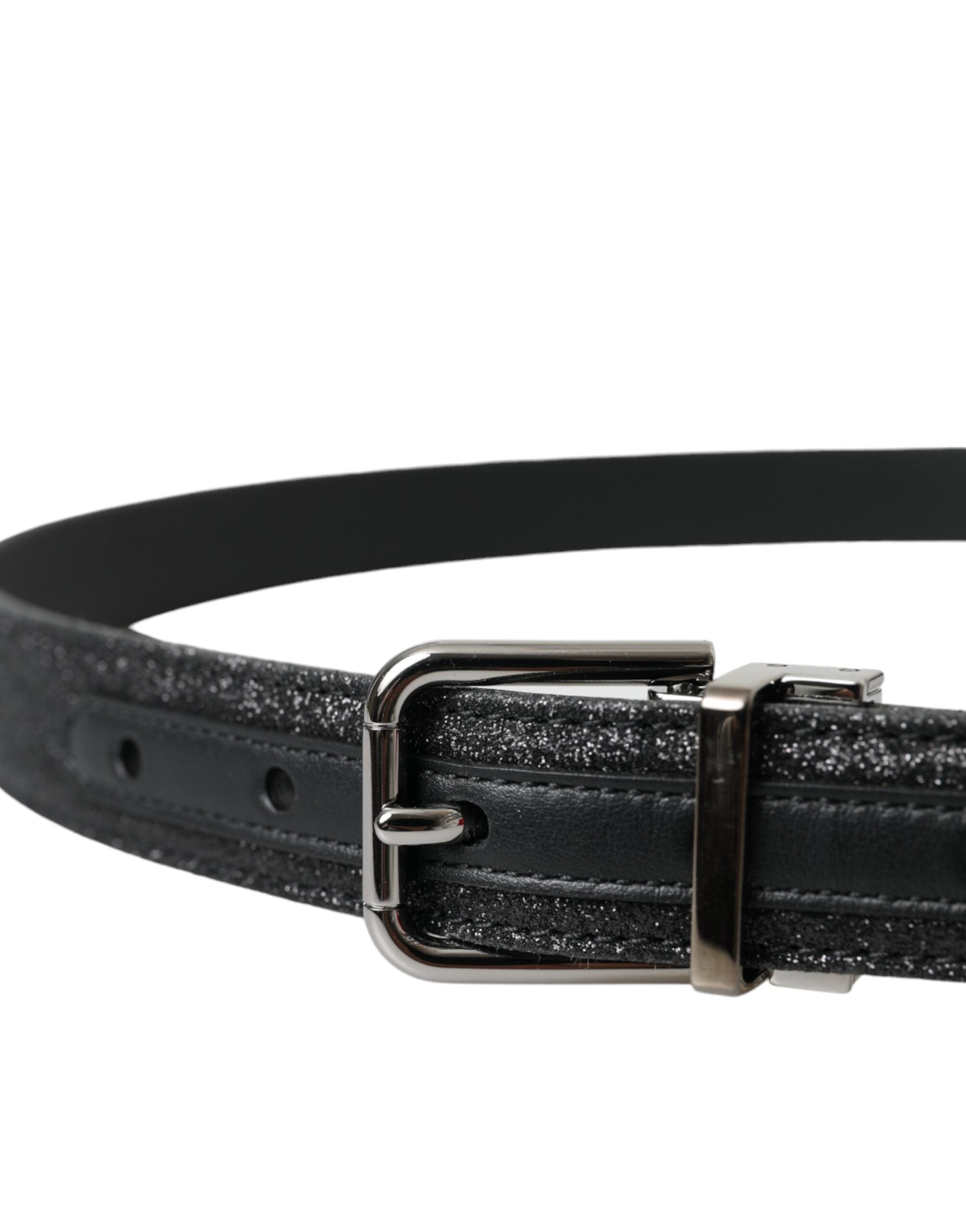 Dolce & Gabbana – Schwarzer Glitzer-Ledergürtel mit silberner Schnalle