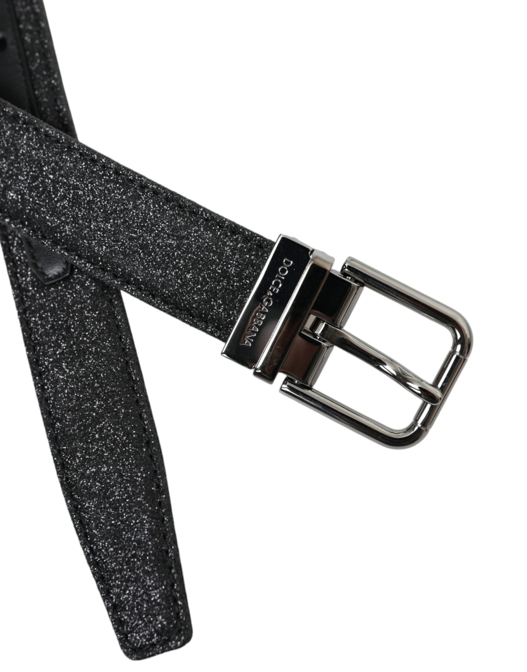 Dolce & Gabbana – Schwarzer Glitzer-Ledergürtel mit silberner Schnalle