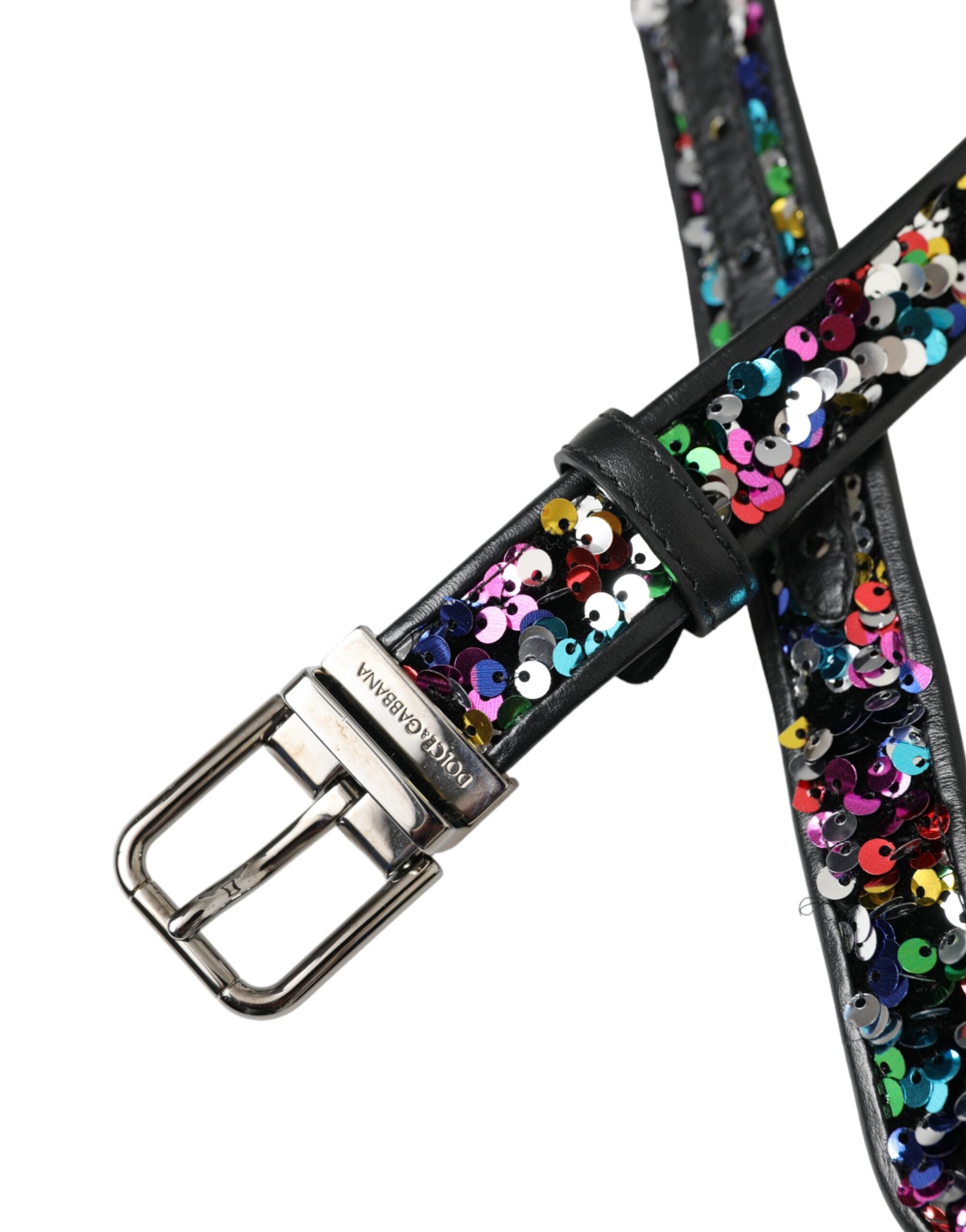 Dolce & Gabbana Damengürtel mit schwarzer Paillettenschnalle aus silbernem Metall