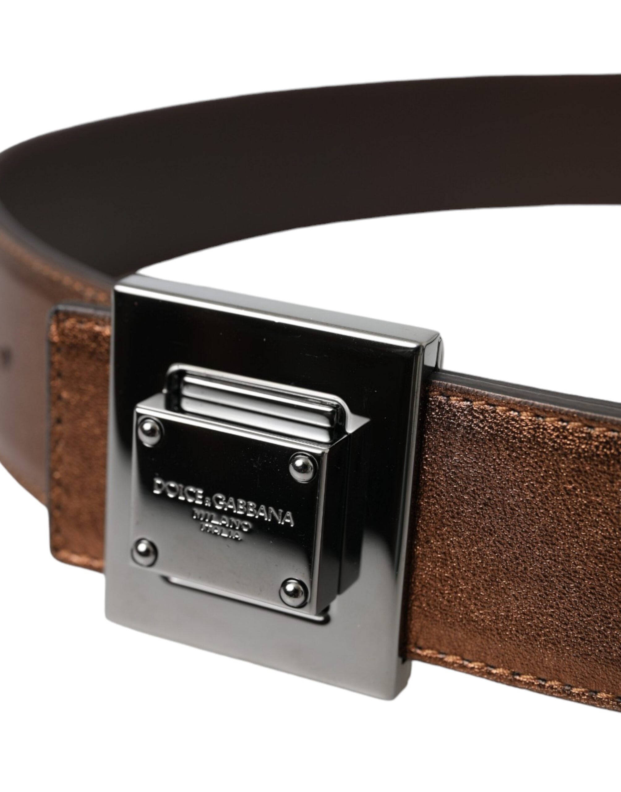Curea Dolce & Gabbana din piele cu cataramă pătrată din metal, culoare bronz metalic