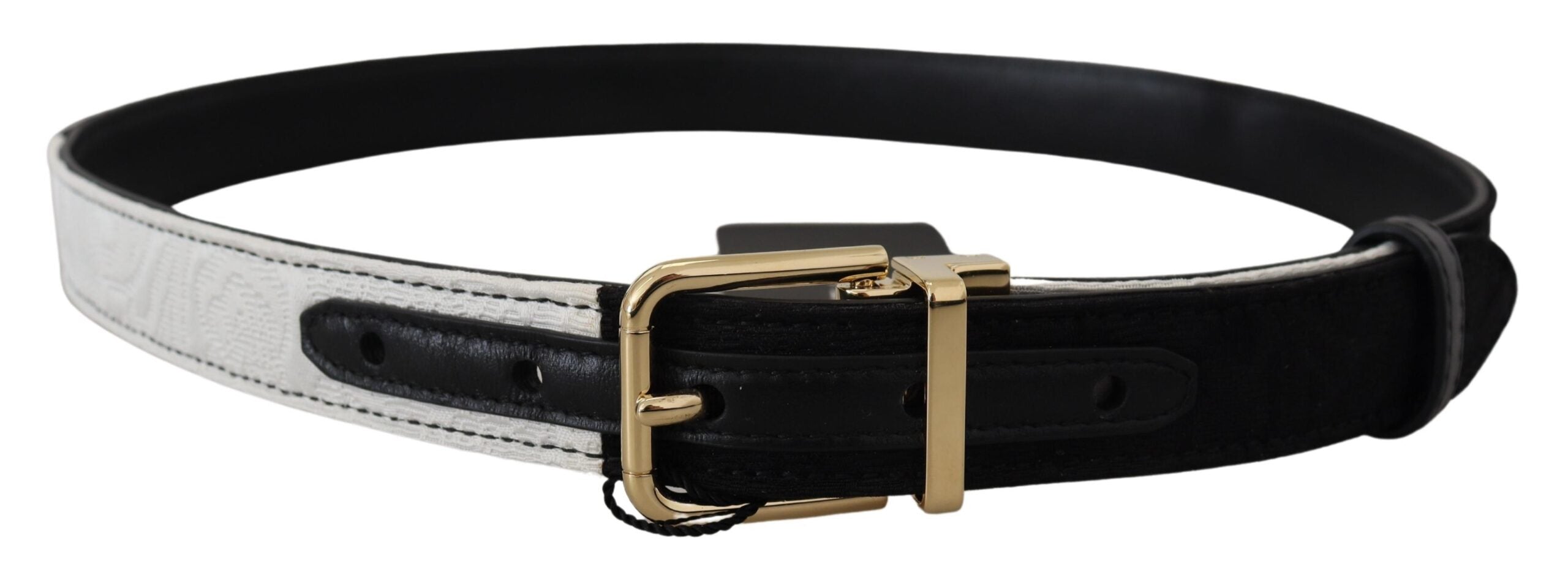 Dolce & Gabbana Weiß-Schwarzer Patchwork-Gürtel mit goldener Metallschnalle
