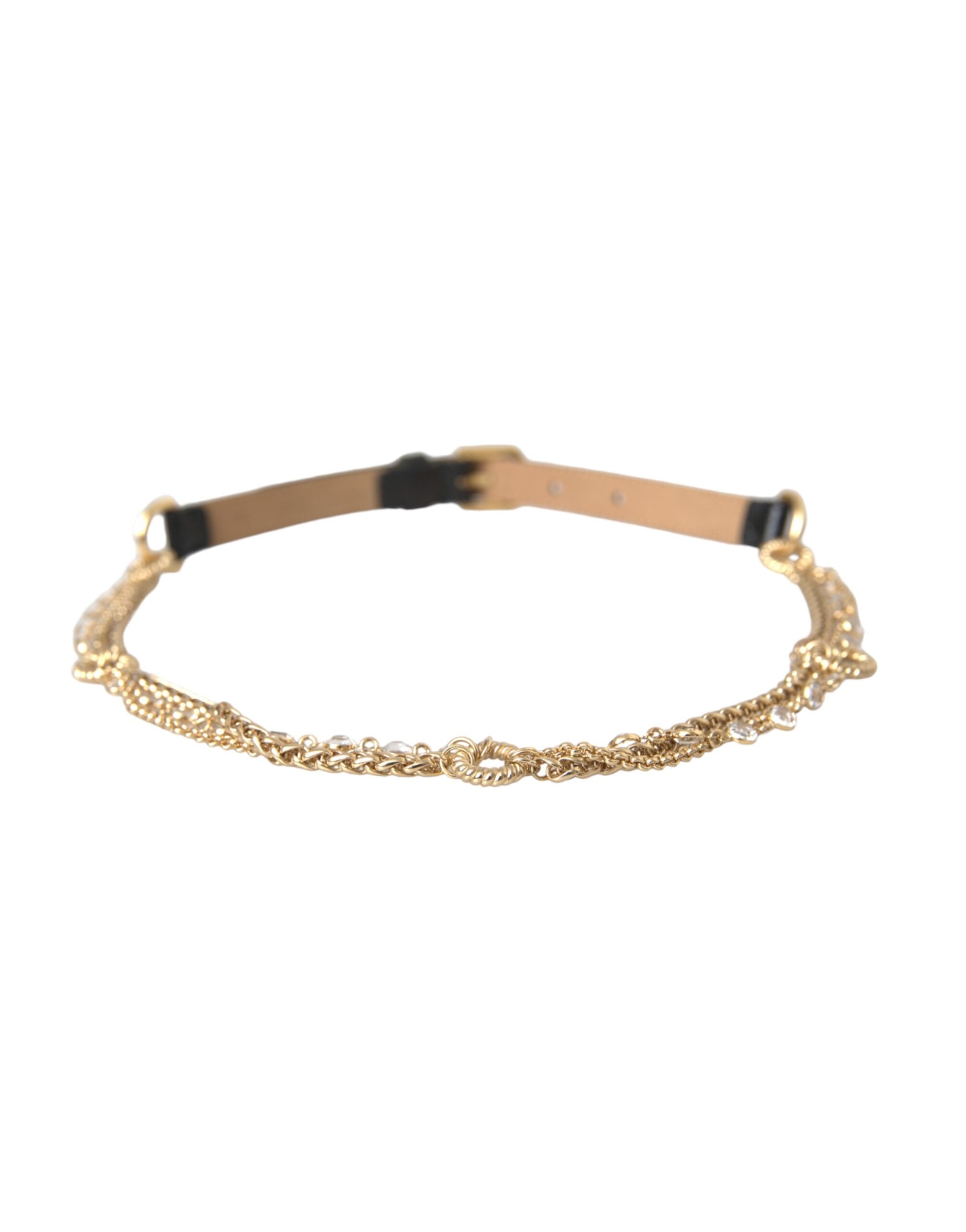 Dolce & Gabbana Damen-Taillengürtel aus schwarzem Leder mit Goldkette und Kristallen