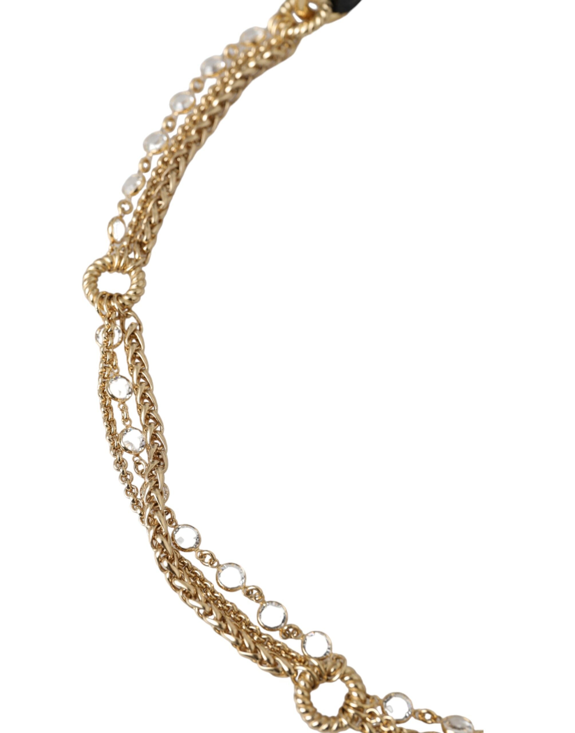 Dolce & Gabbana Damen-Taillengürtel aus schwarzem Leder mit Goldkette und Kristallen