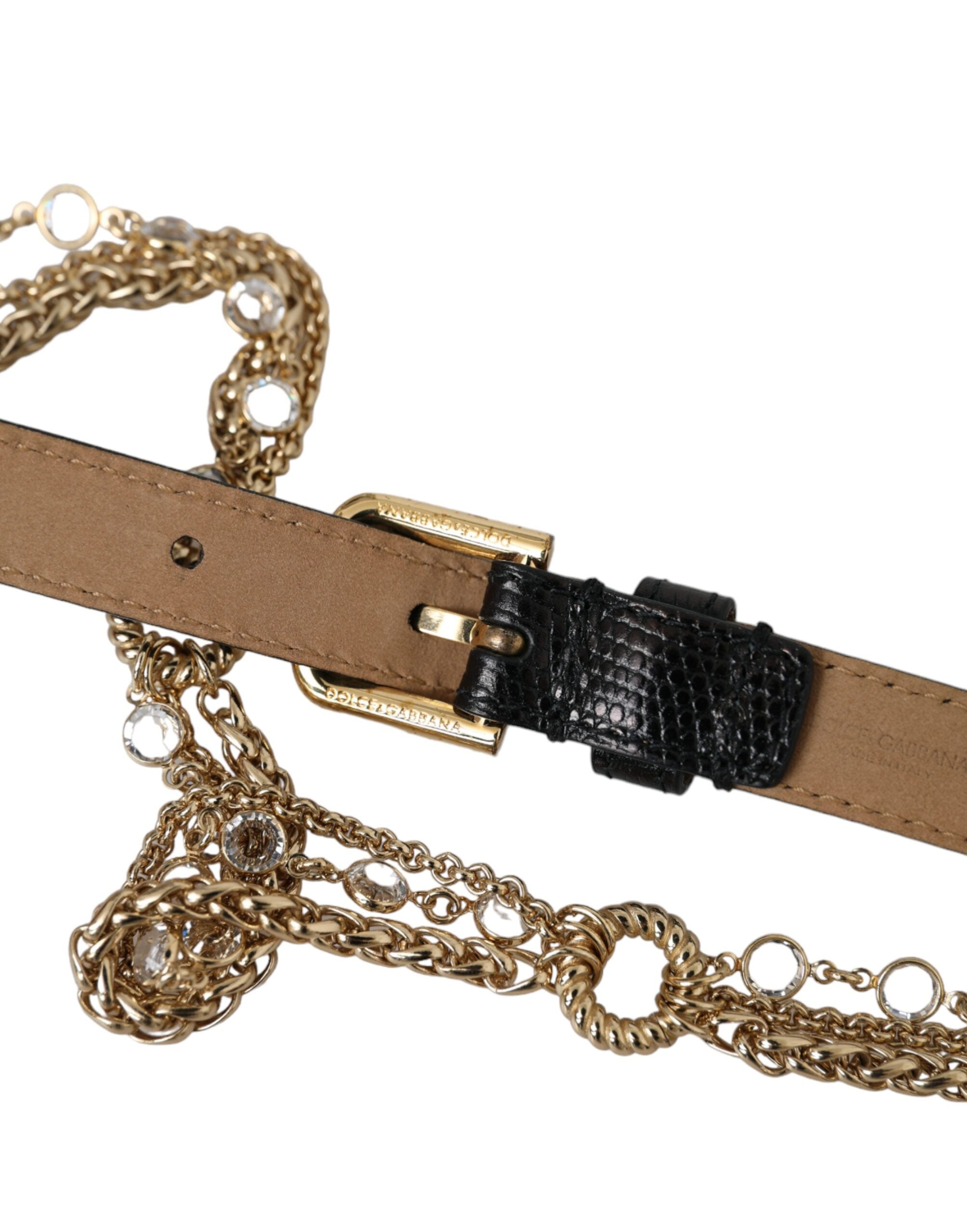Dolce & Gabbana Damen-Taillengürtel aus schwarzem Leder mit Goldkette und Kristallen